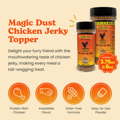 Espolvoreo de Wild Meadow Farms Magic Dust sobre comida seca para mejorar sabor y textura.