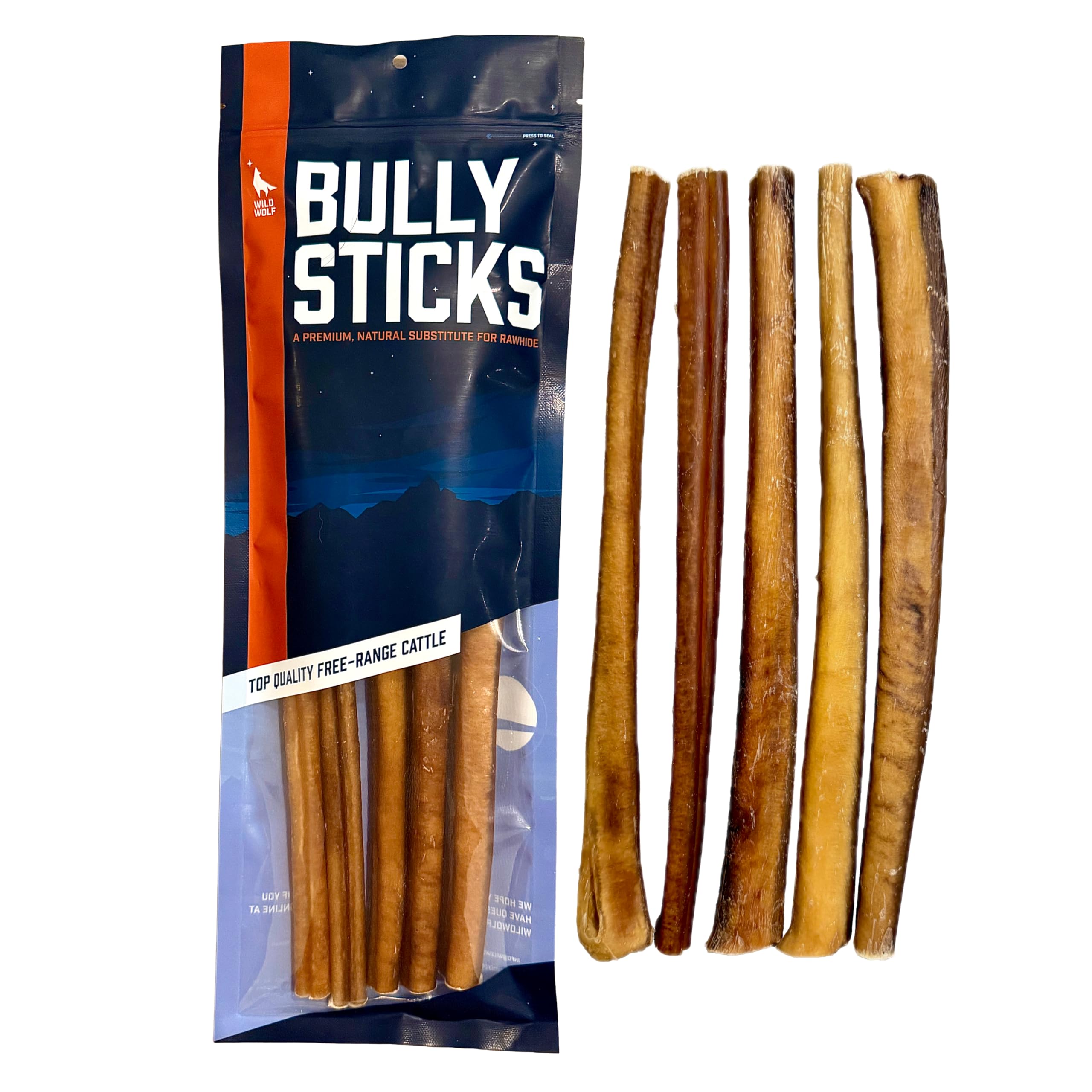 Wild Wolf Bully Sticks Angus 12 pulgadas: snack masticable y natural para perros activos.