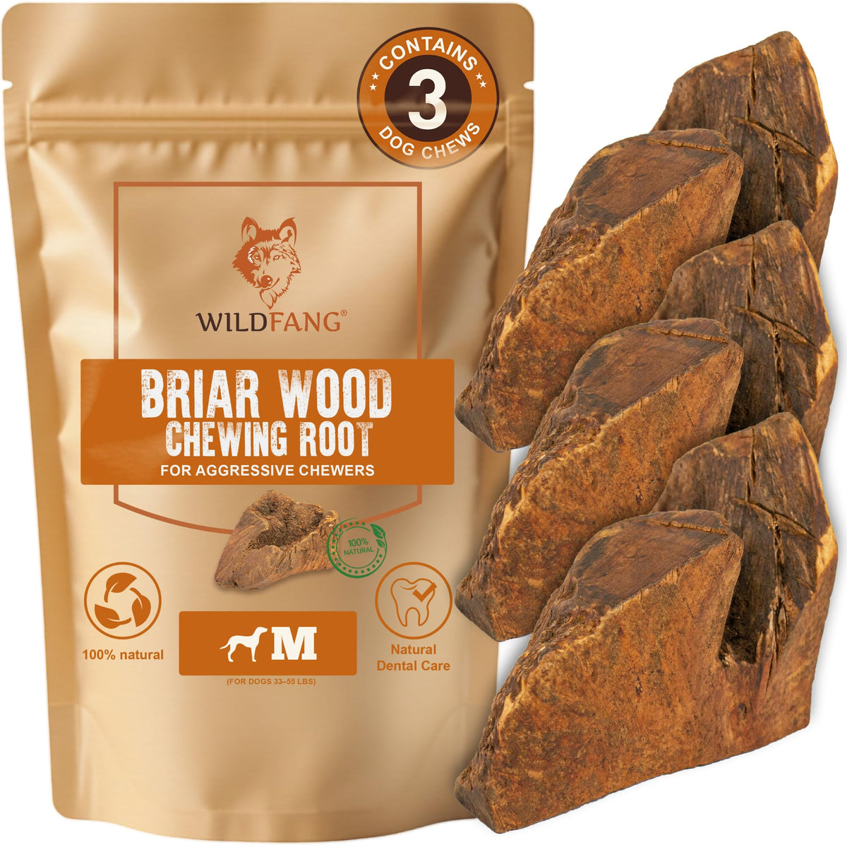 Wildfang Briar Wood, raíz masticable visual, promueve juego seguro para perros activos.