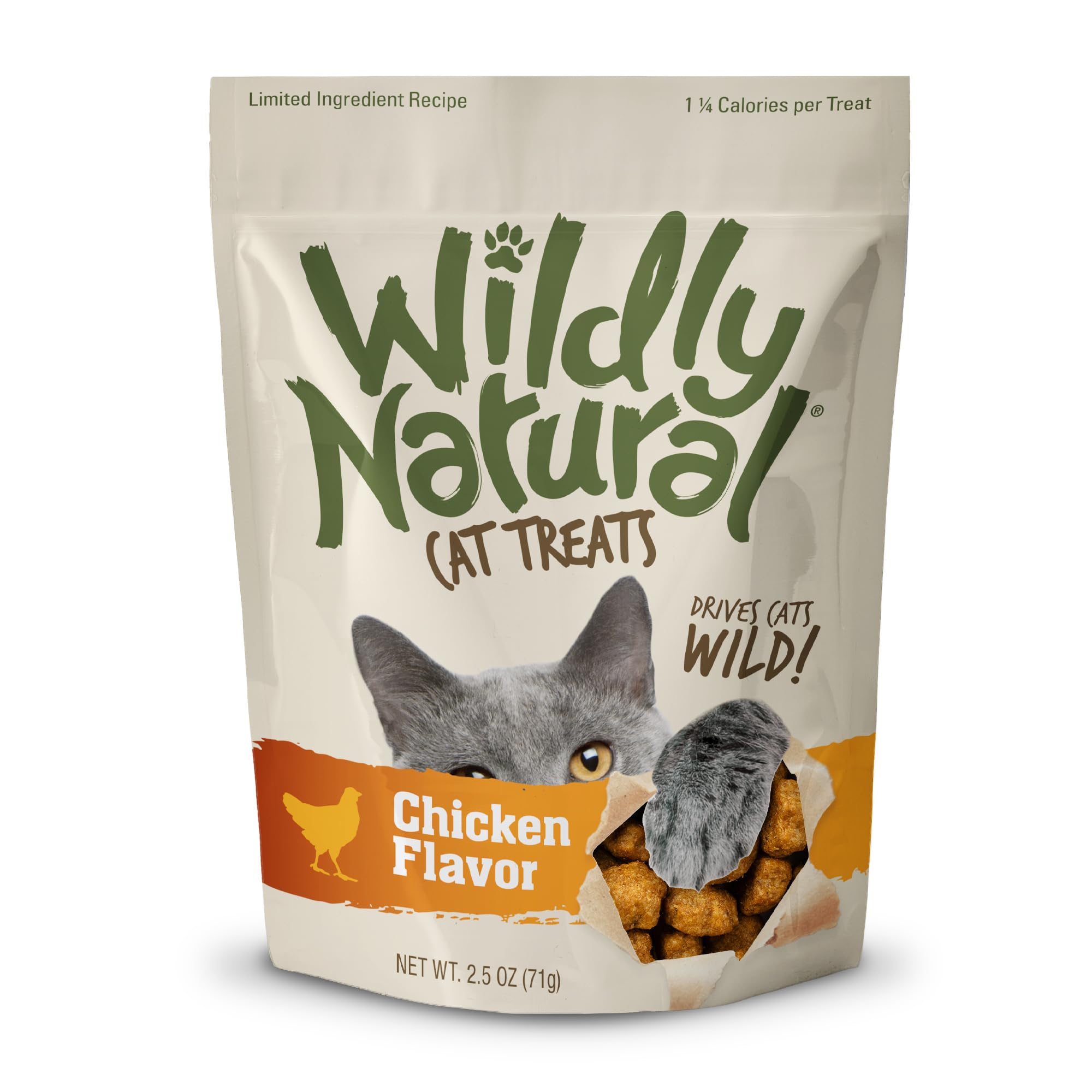 Wildly Natural golosinas para gatos, sabor pollo y textura crujiente.