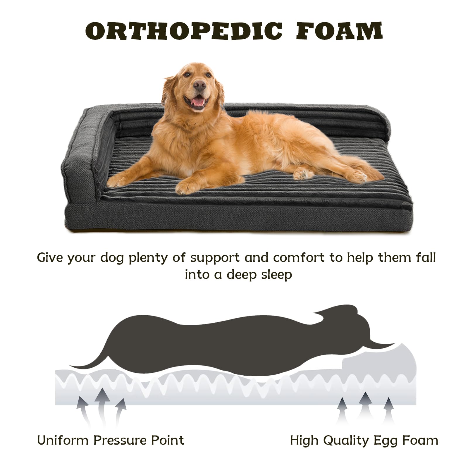 Windracing cama ortopédica para perros grandes, vista lateral, costados en forma de L para la cabeza