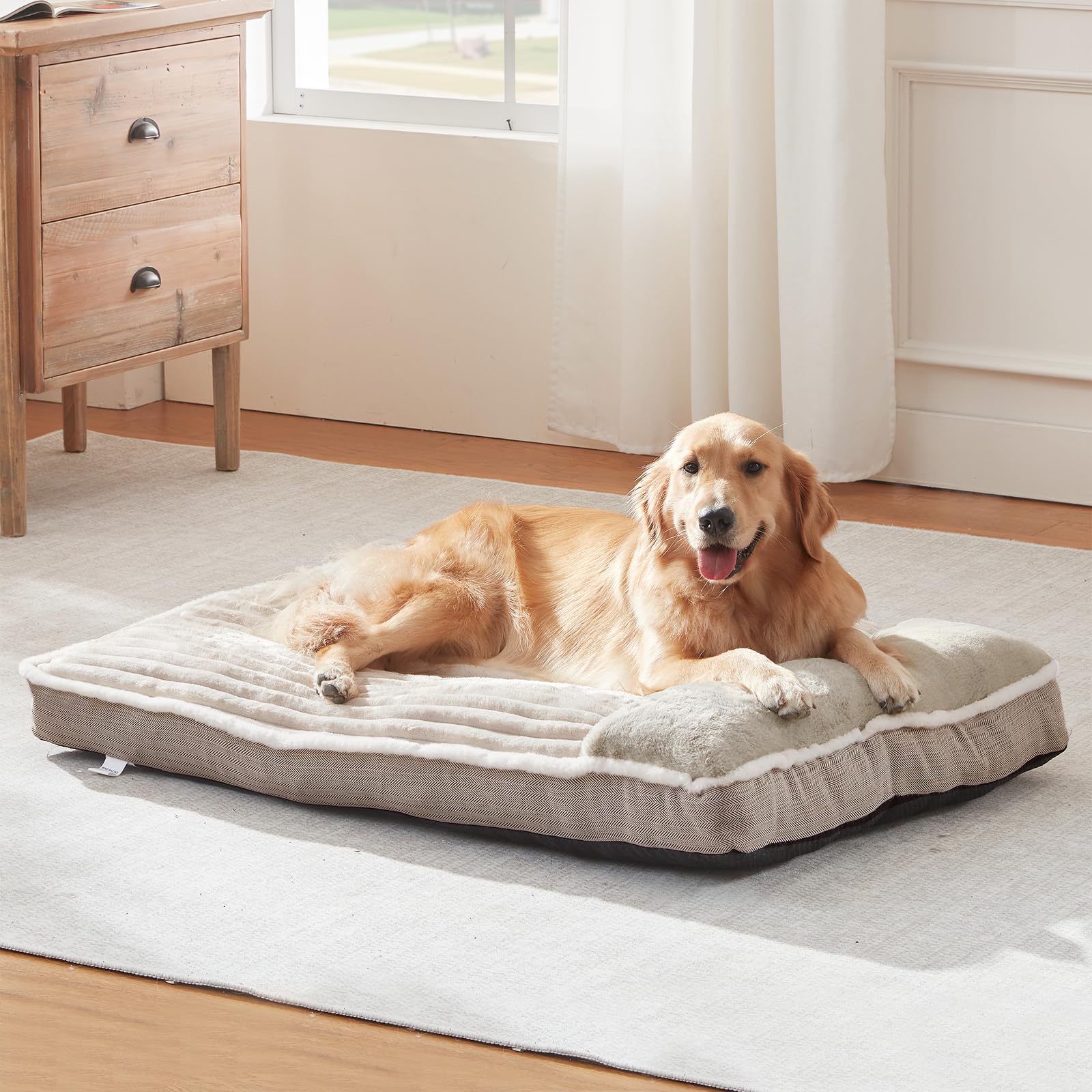 Cama WINDRACING para perro grande en beige, vista exterior y confort cálido.