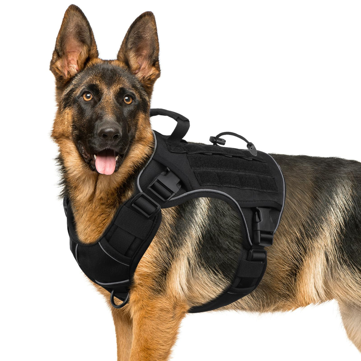 Arnés táctico negro WINGOIN para perro grande con asa para control cercano.
