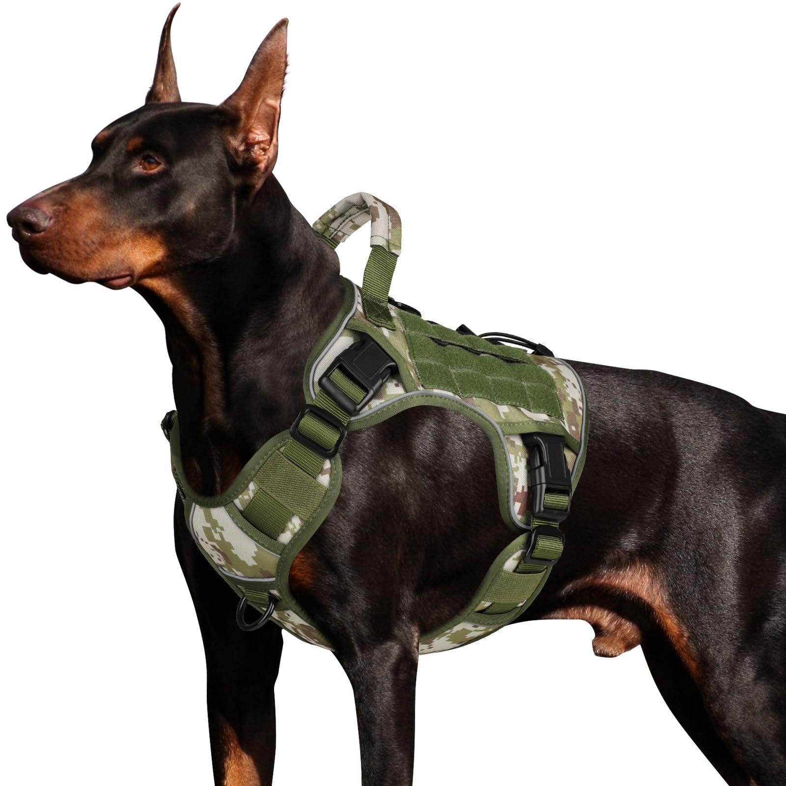 Arnés Wingoin para perro grande con camuflaje verde, ideal para paseos y senderismo.