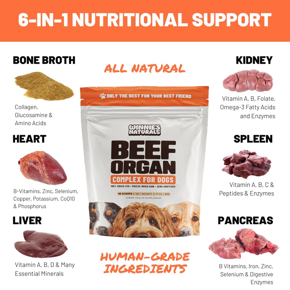 Winnie's Naturals Beef Organ Complex cuchara incluida facilita porciones diarias para perros.