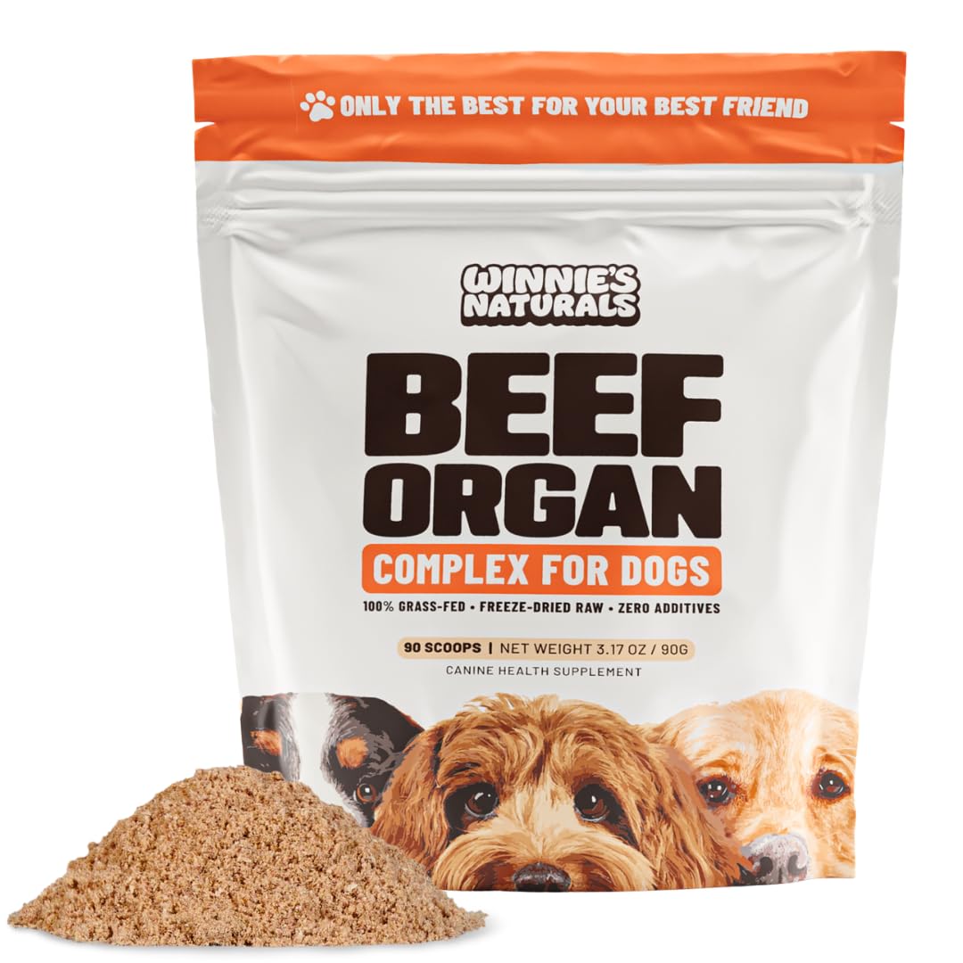 Winnie's Naturals Beef Organ Complex envase: práctico soporte diario de nutrientes para perros.