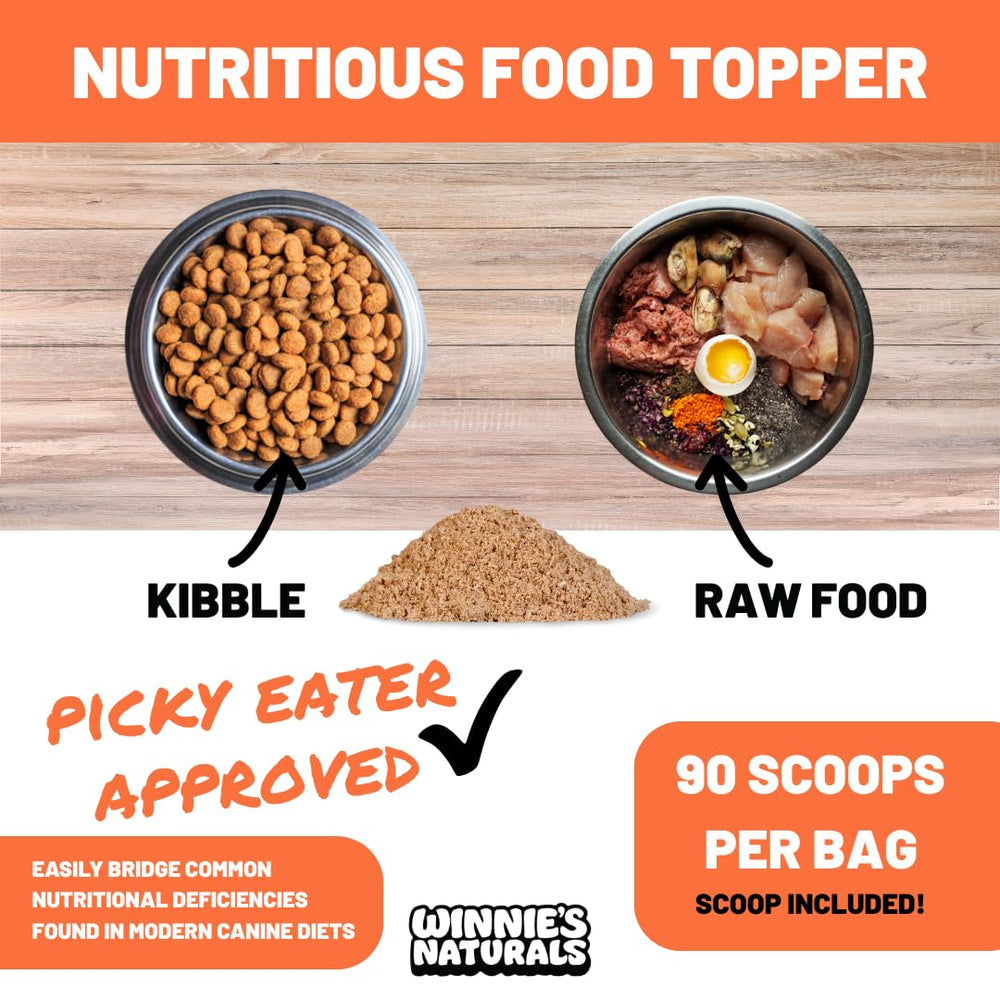 Winnie's Naturals Beef Organ Complex polvo listo para mezclar con comida, enriqueciendo la dieta.