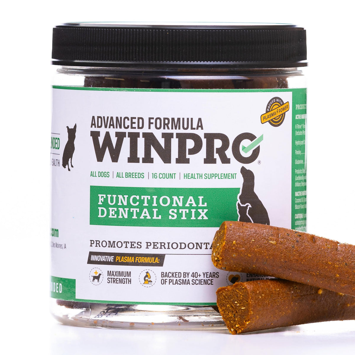 Empaque de WINPRO Stix Dentales para perros, ideal para la higiene bucal diaria.