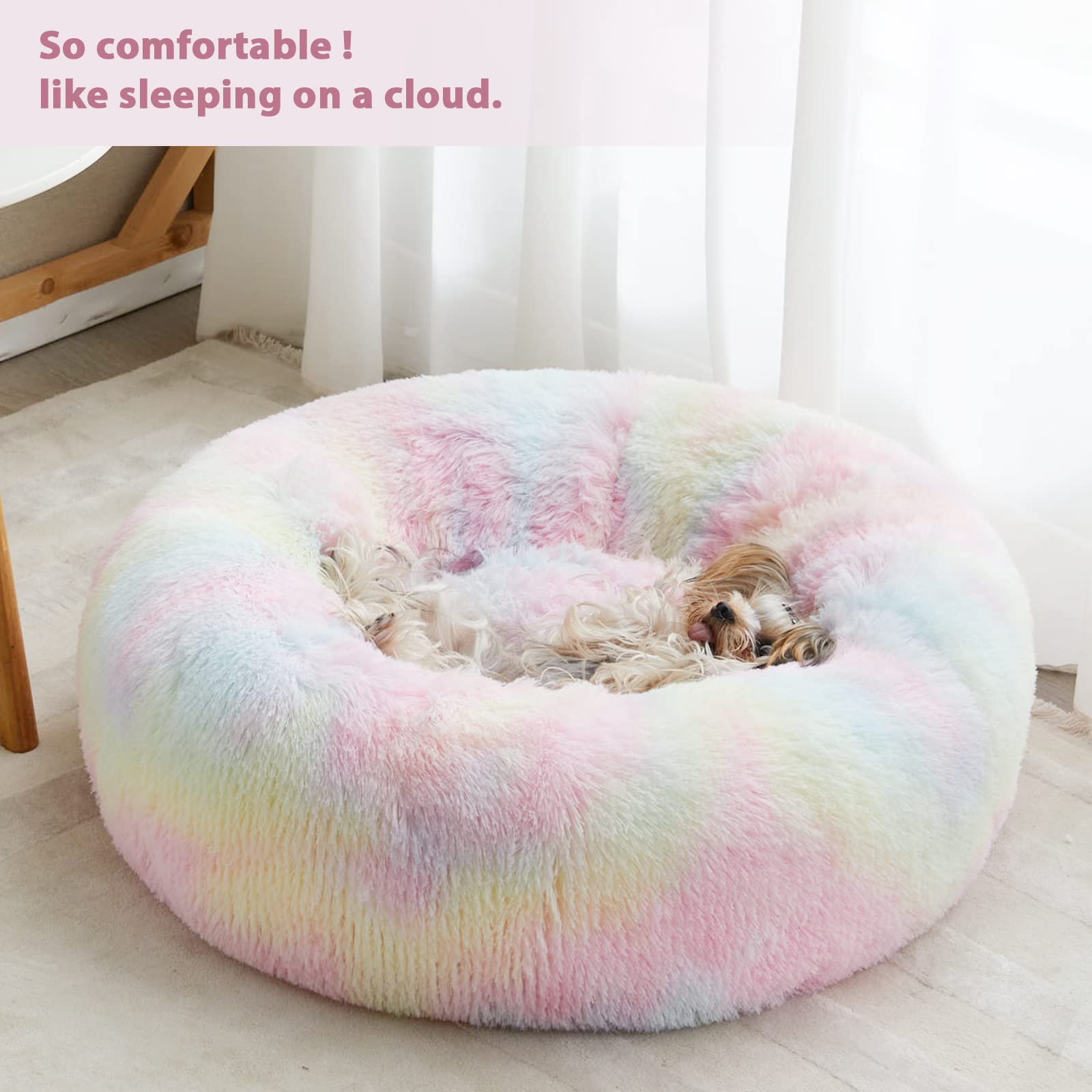 Cama con borde elevado WNPETHOME donut arcoíris, apoyo suave para la siesta