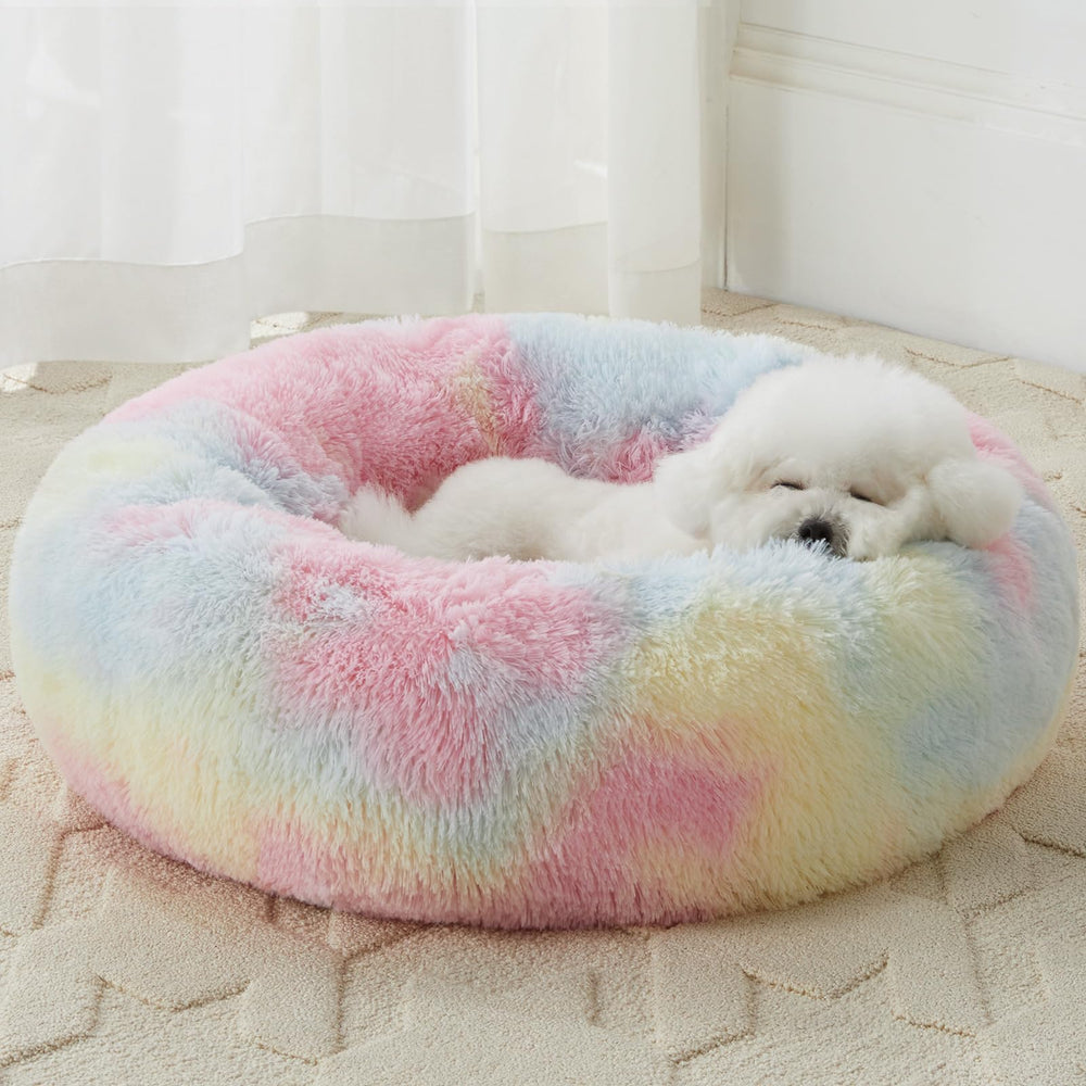 Cama para perro WNPETHOME donut arcoíris, confort envolvente y calor suave