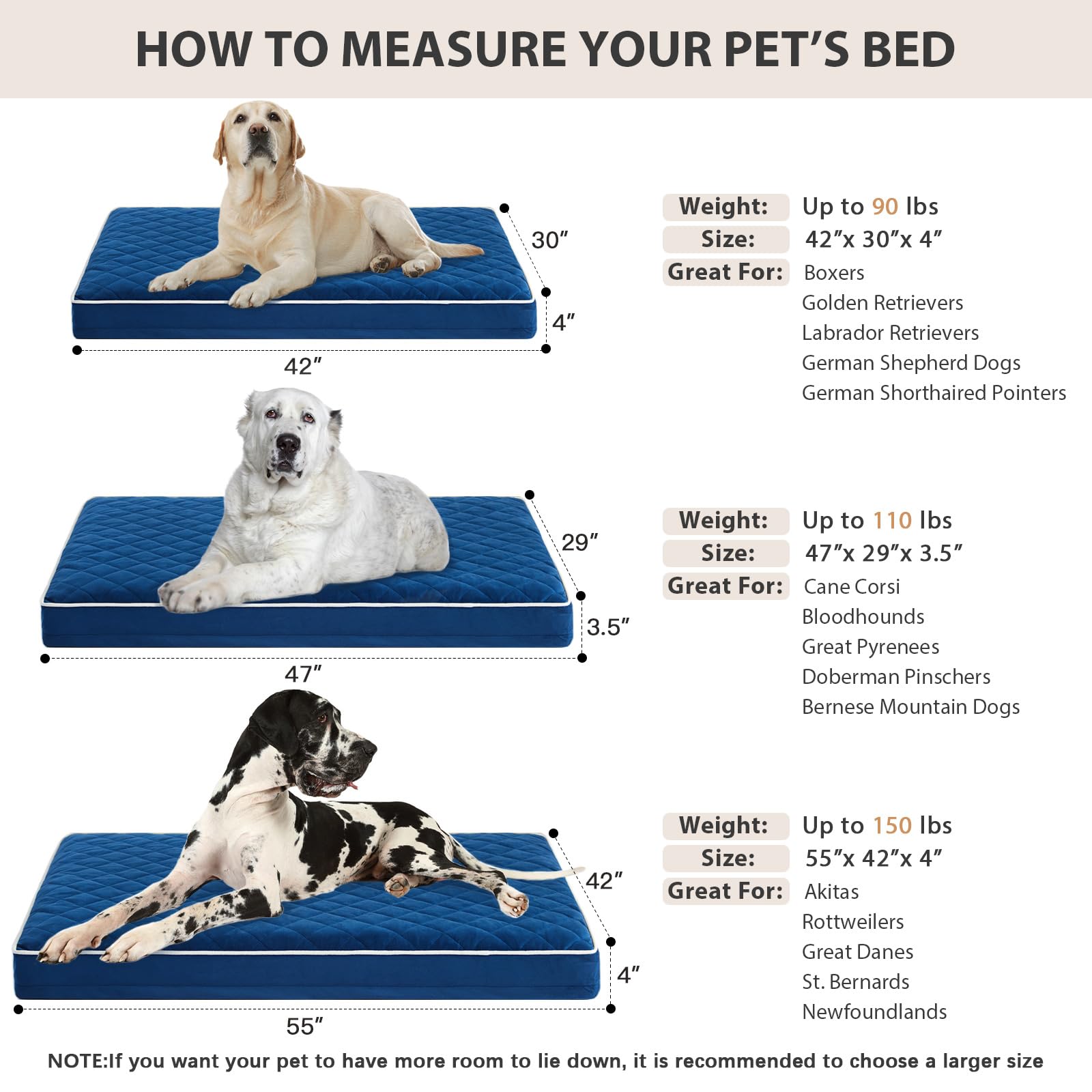 Cama extragrande WNPETHOME 42x30x4 pulgadas para perros grandes.