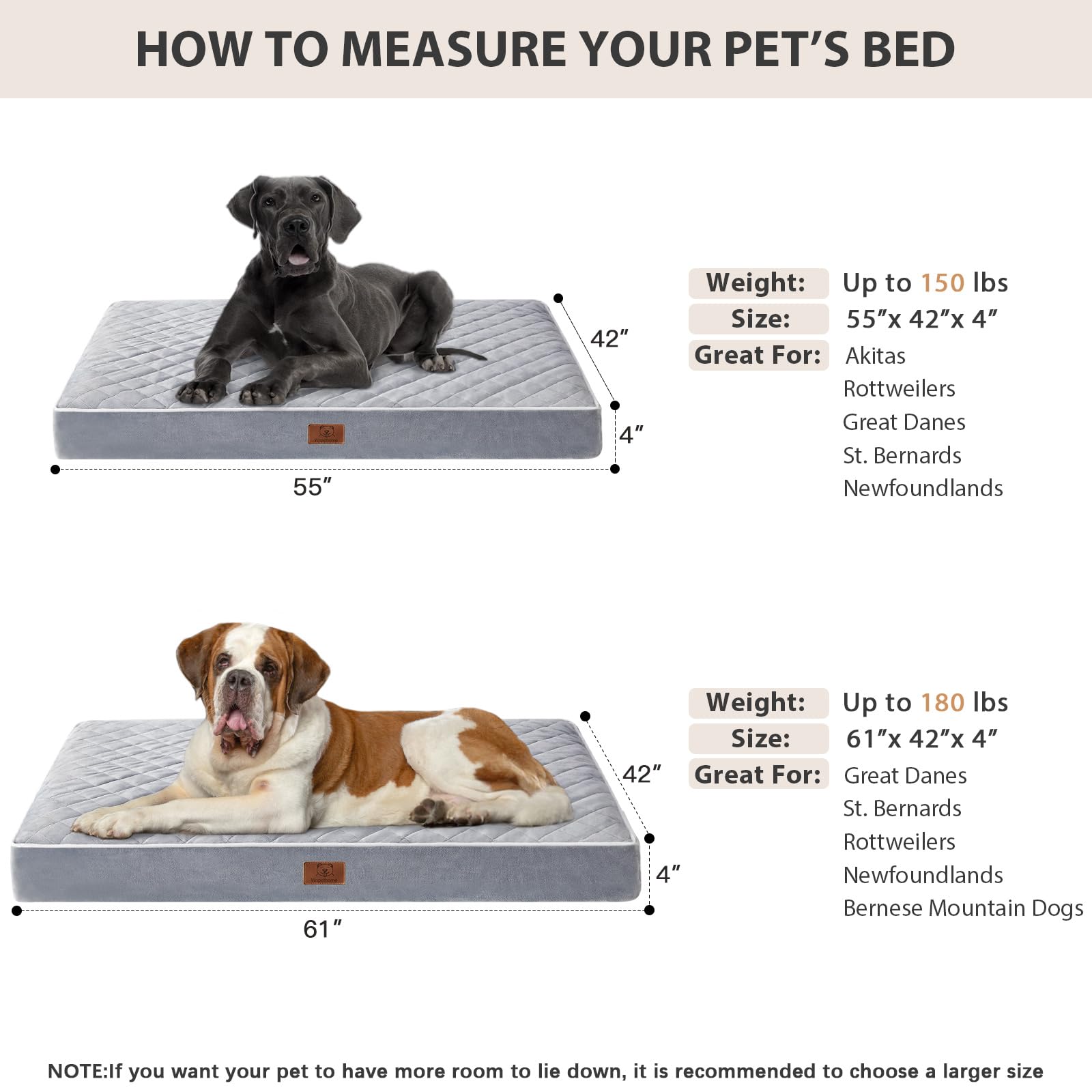 Cama grande 55 x 42 x 4 pulgadas de WNPETHOME para perros hasta 68 kg.