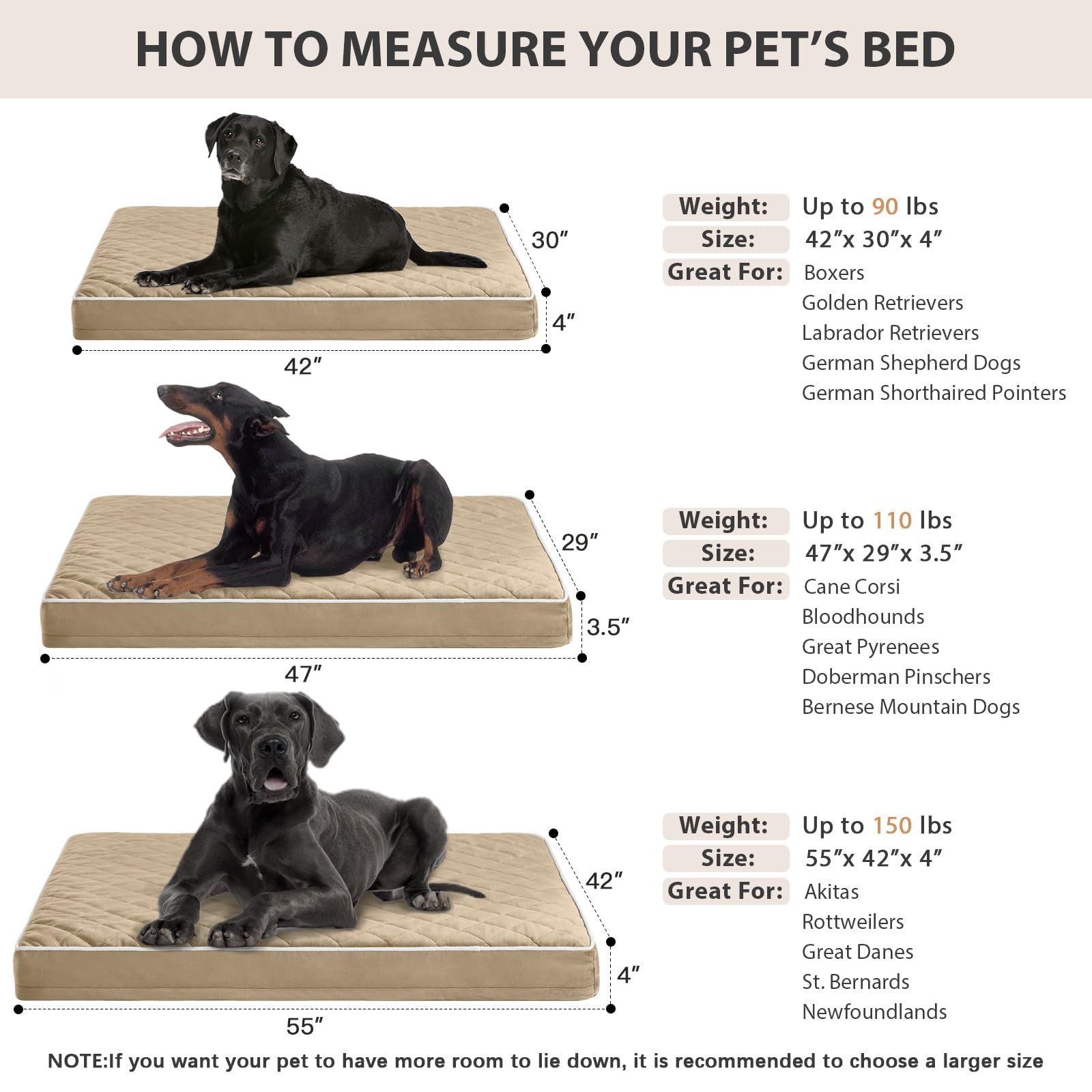 Medidas 42x30x4 pulgadas de la cama para perros grandes.