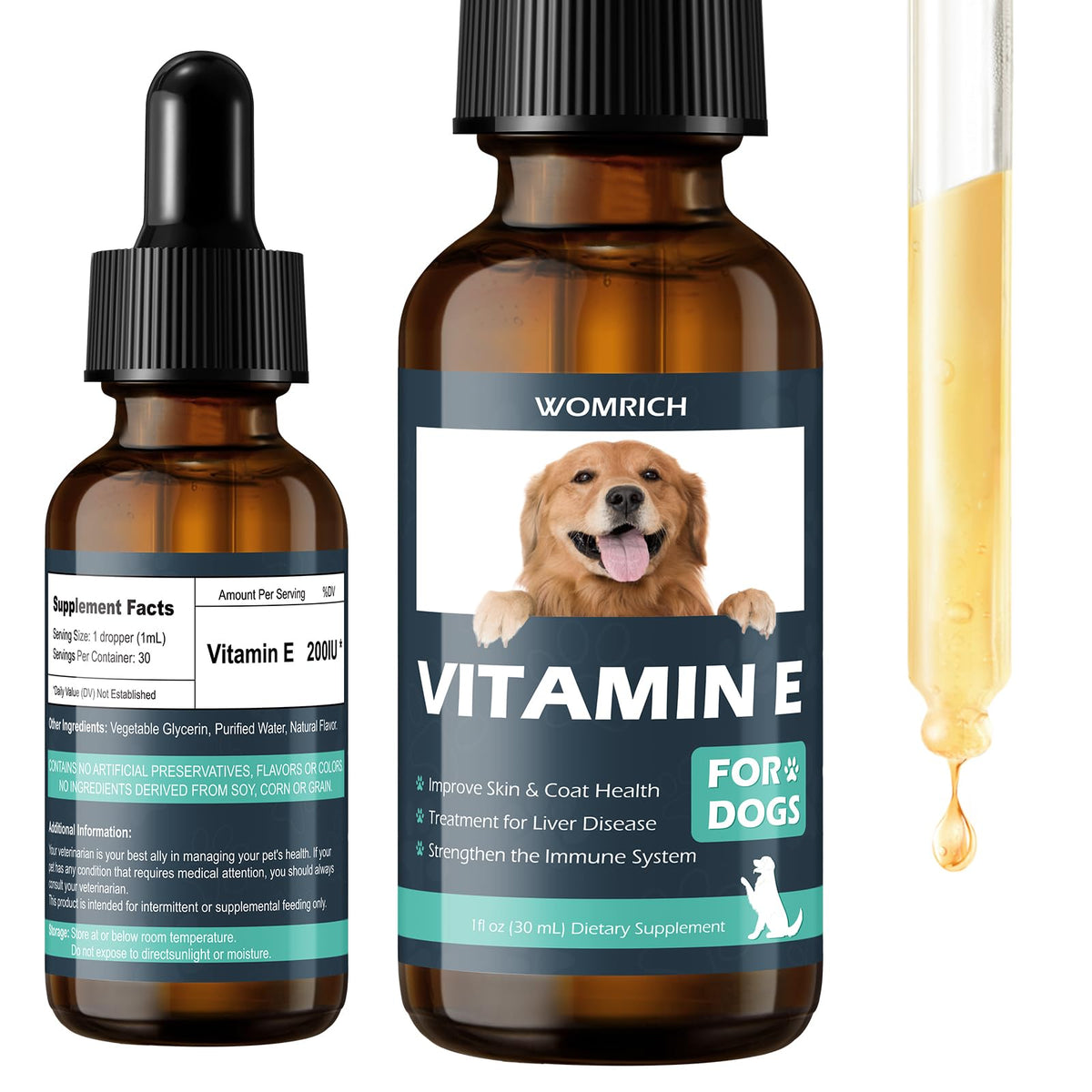 WOMRICH Vitamina E para perros con gotero facilita la dosificación diaria.