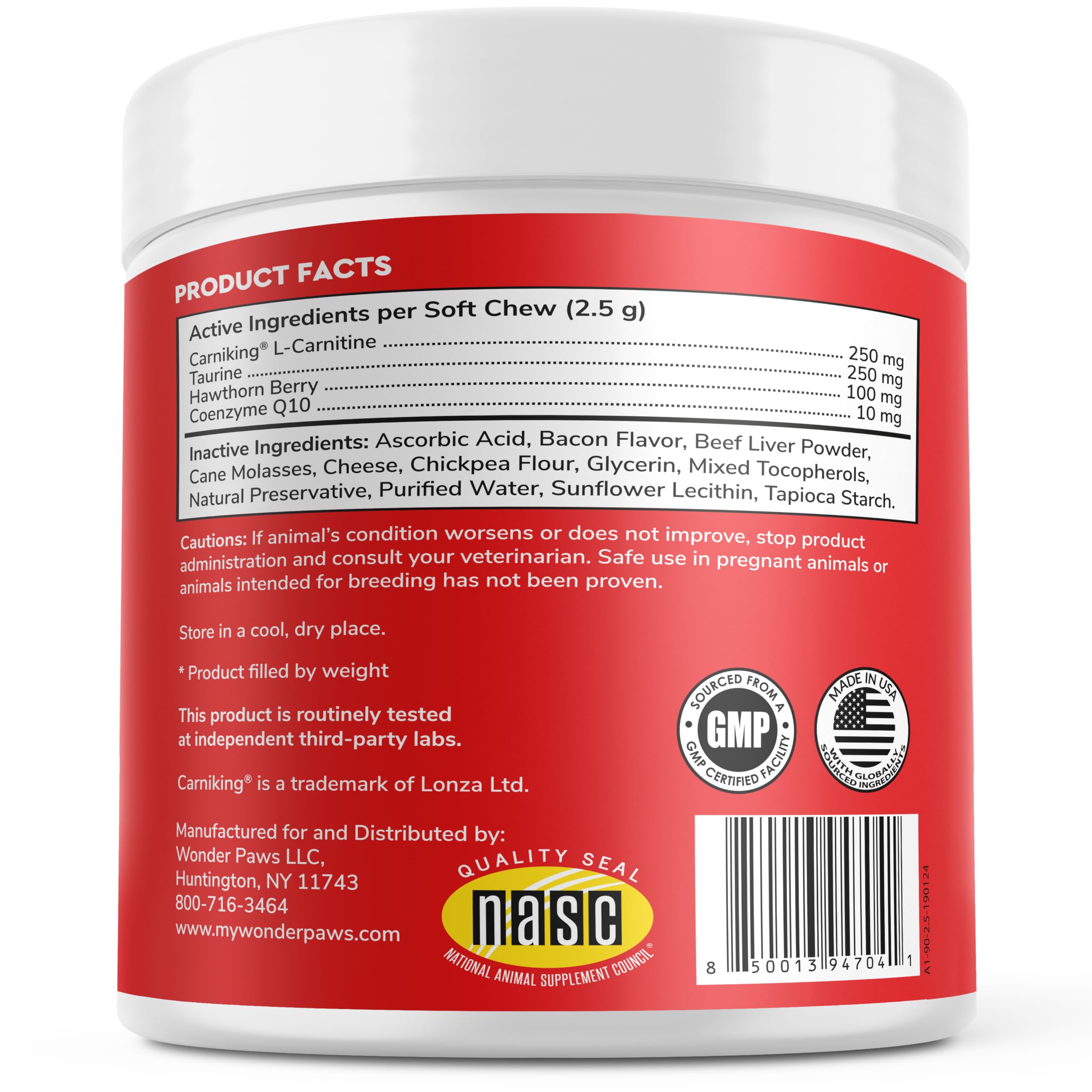 Etiqueta de Wonder Paws Cardio Chews destaca ingredientes clave para la circulación.