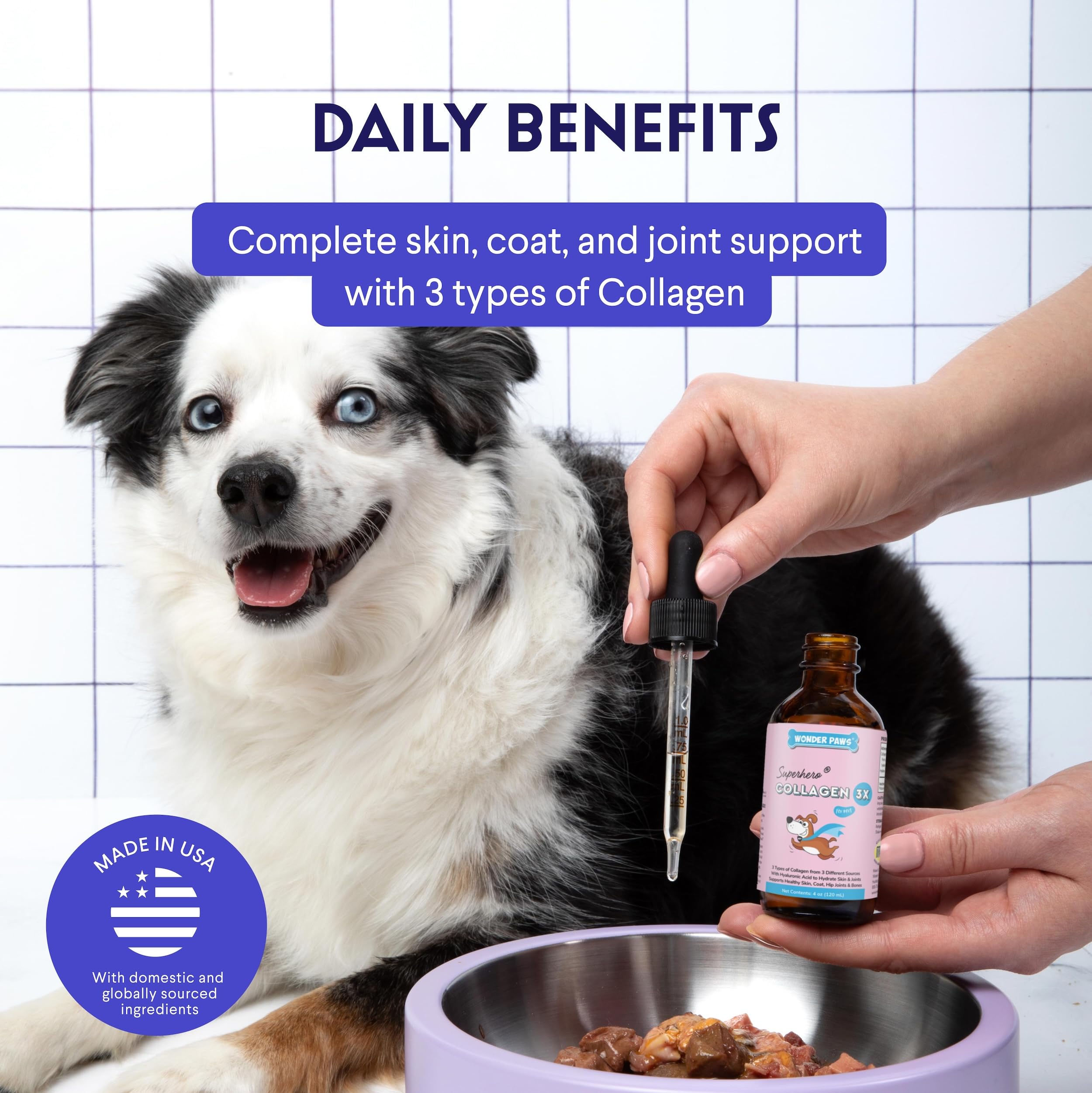 Wonder Paws Collagen para perros, pelaje brillante y piel sana.