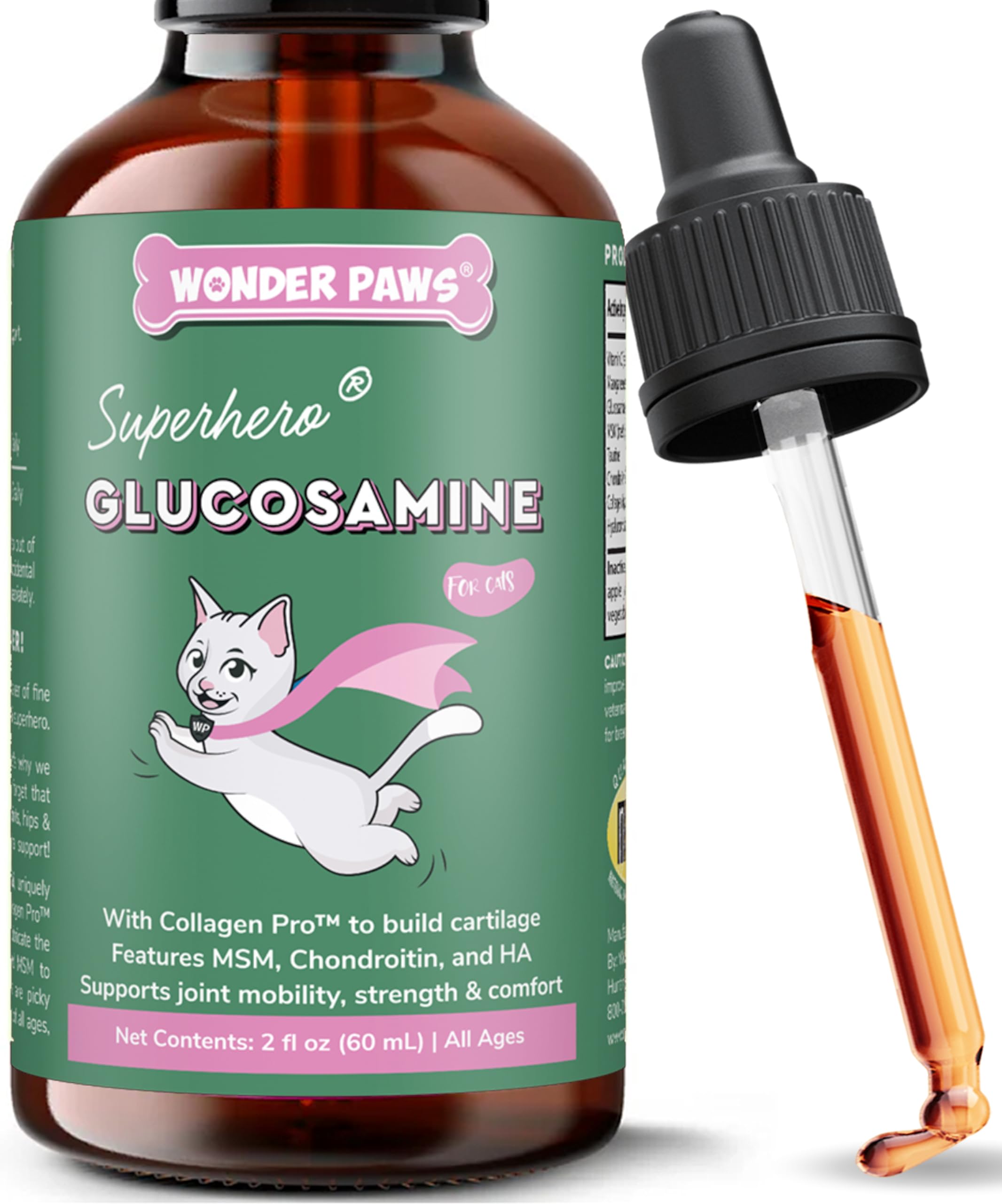 Wonder Paws glucosamina líquida para gatos en frasco con gotero para facilitar la mezcla
