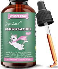 Wonder Paws glucosamina líquida para gatos en frasco con gotero para facilitar la mezcla