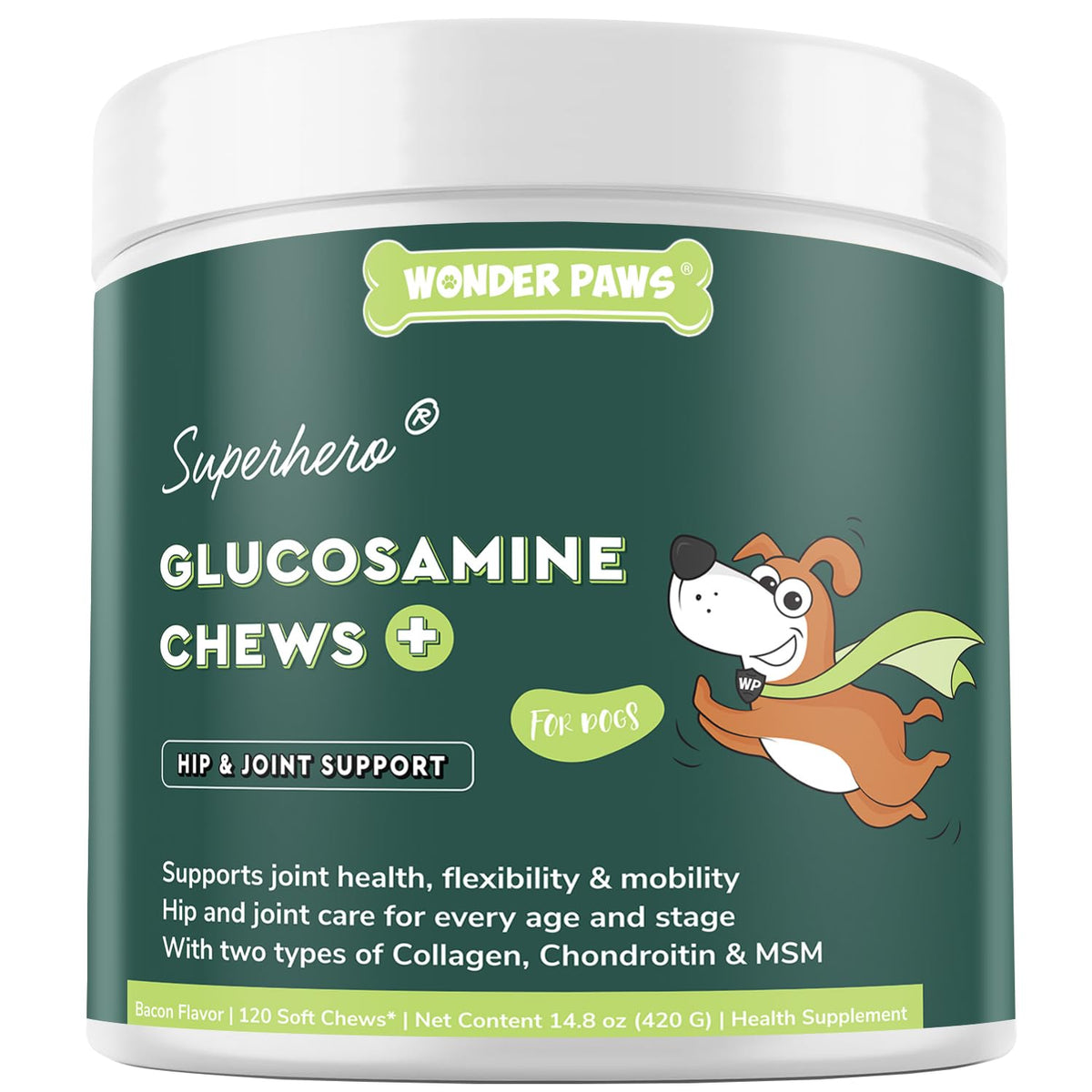 Gomitas Wonder Paws glucosamina sabor tocino para movilidad diaria.