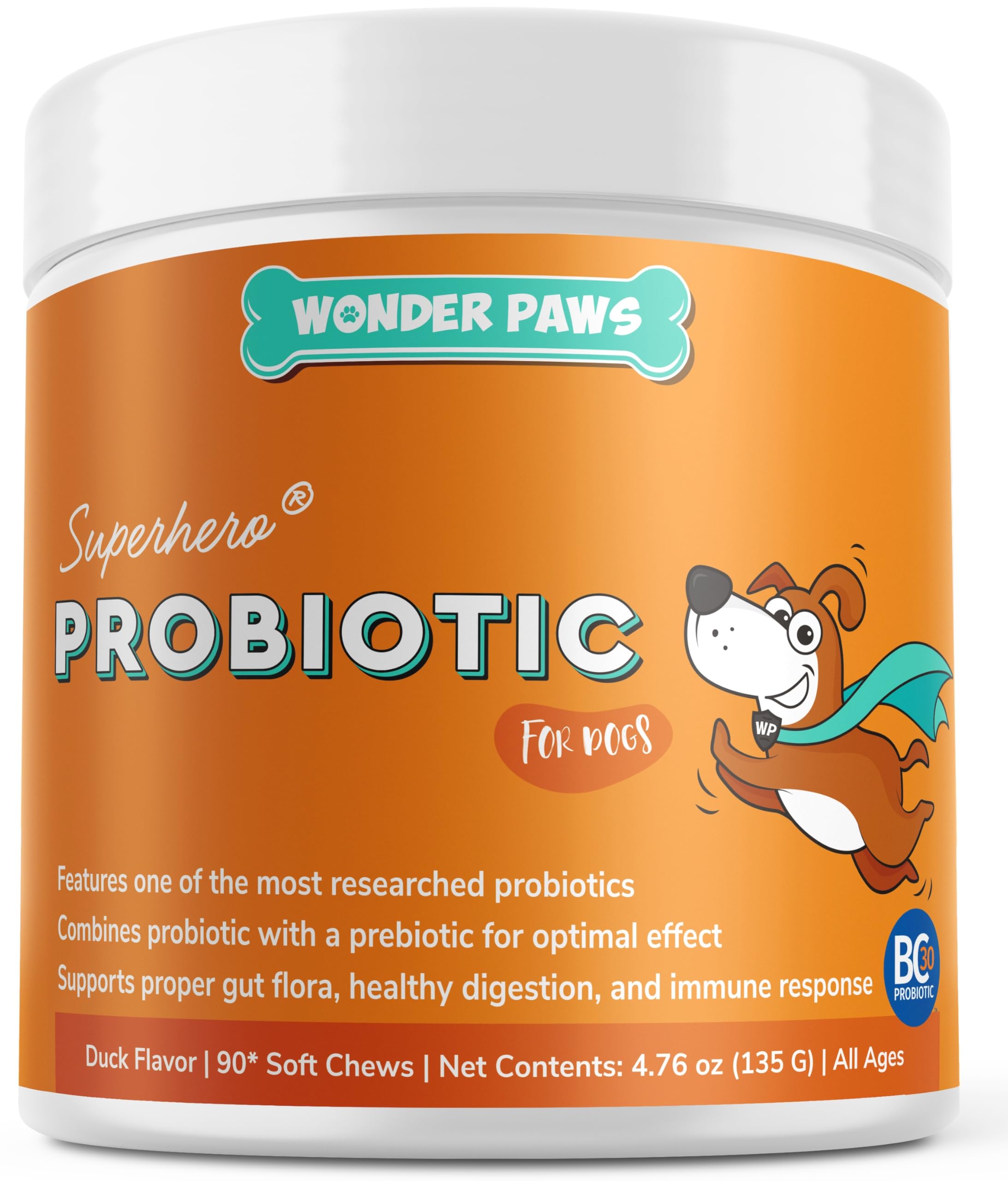Wonder Paws Probiotics para perros en bote, apoyo digestivo suave.