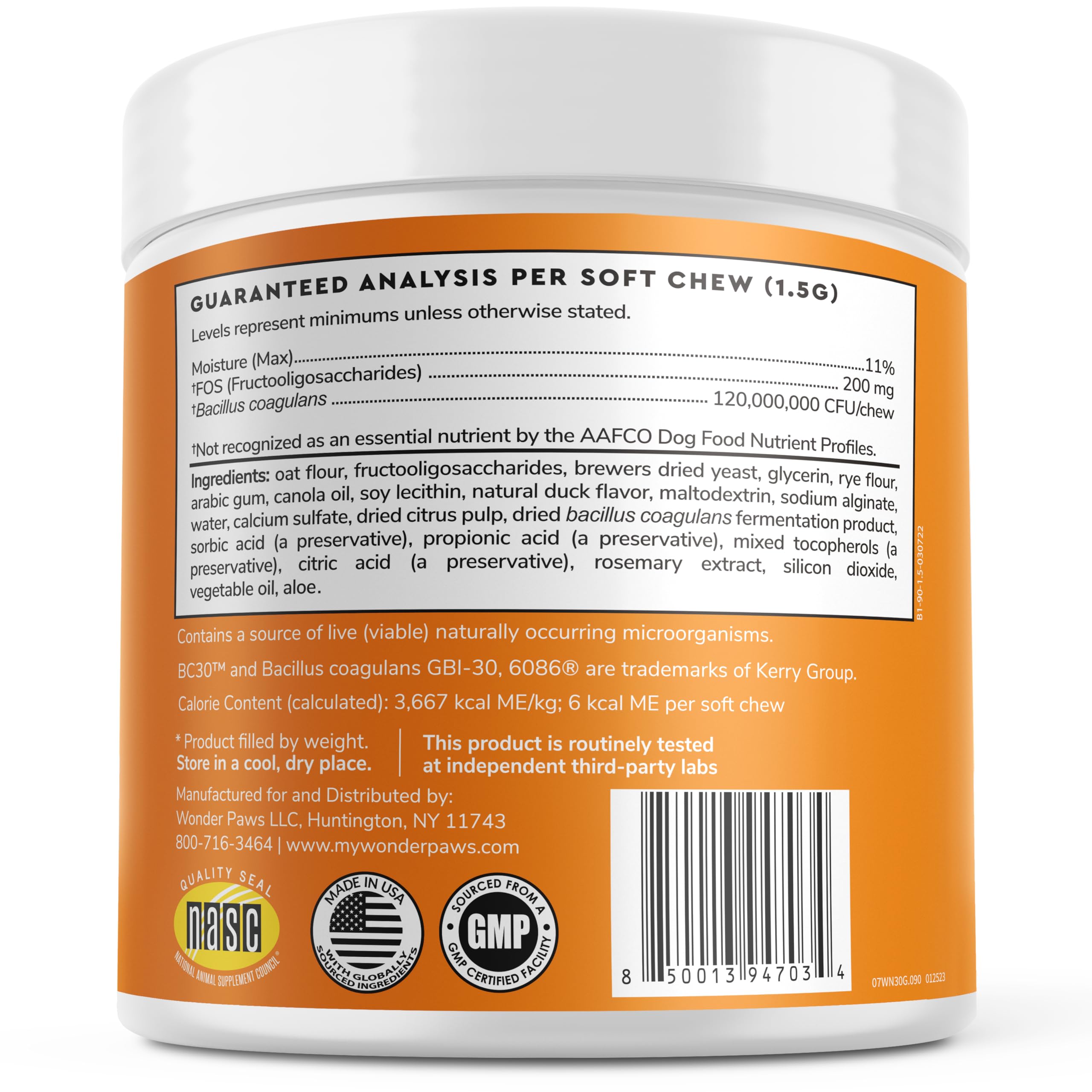 Wonder Paws Probiotics masticables sabor pato, promueven digestión equilibrada.