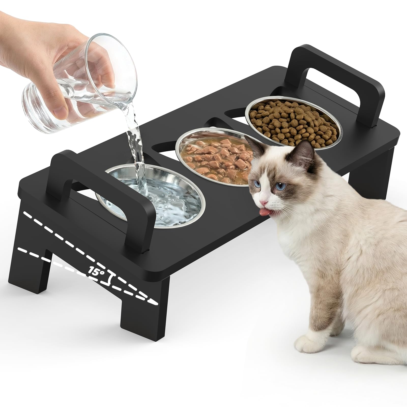 Woodever comedero para gatos elevado de bambú con tres cuencos