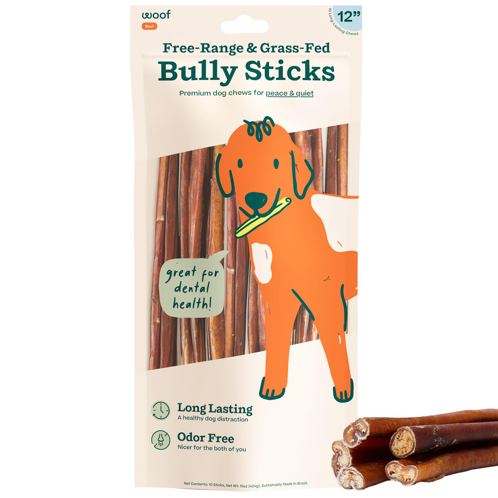 WOOF palitos de 12 pulgadas, masticables de res para perros, entretenimiento seguro.