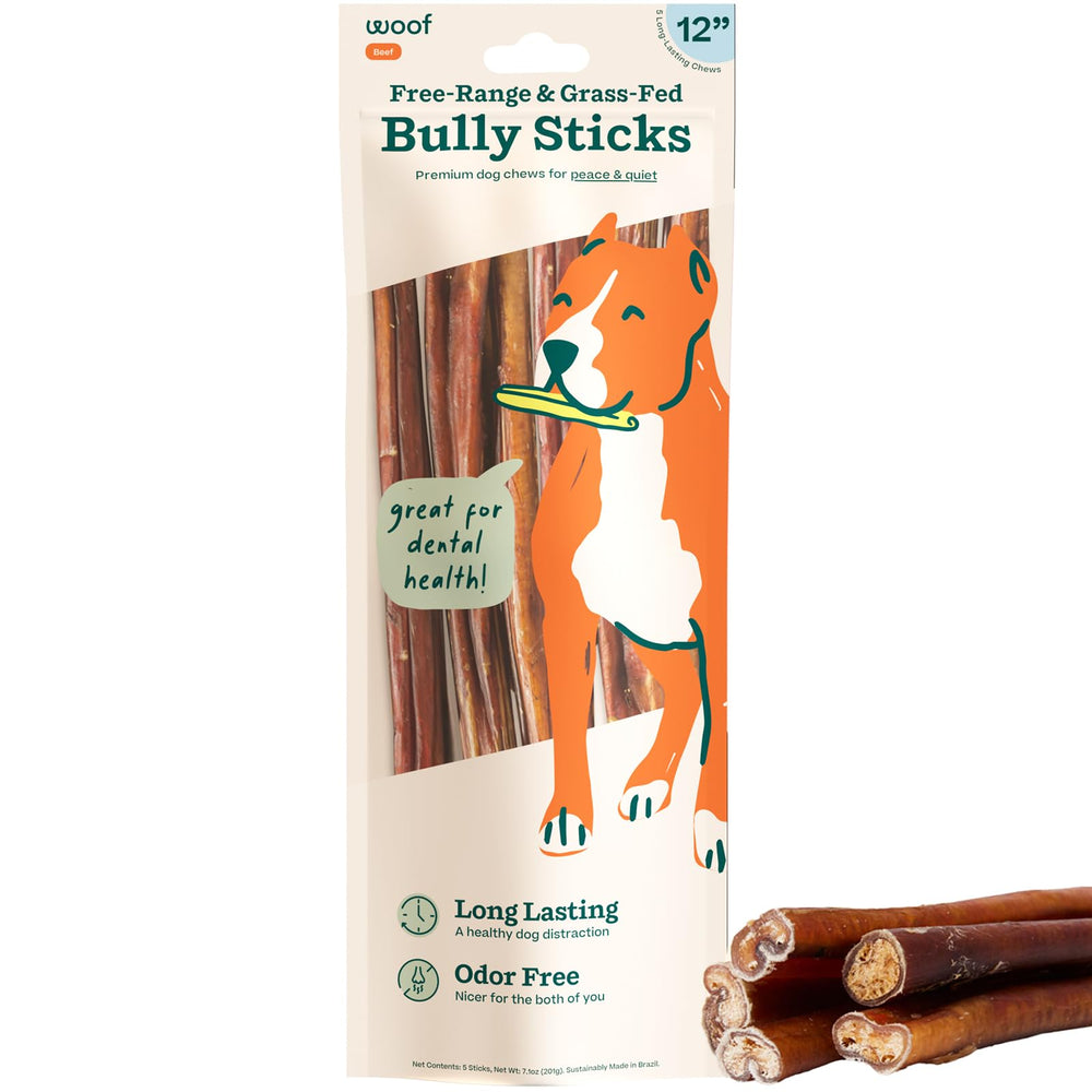 Golosinas WOOF bully sticks 12 pulgadas para perros, entretenimiento duradero.