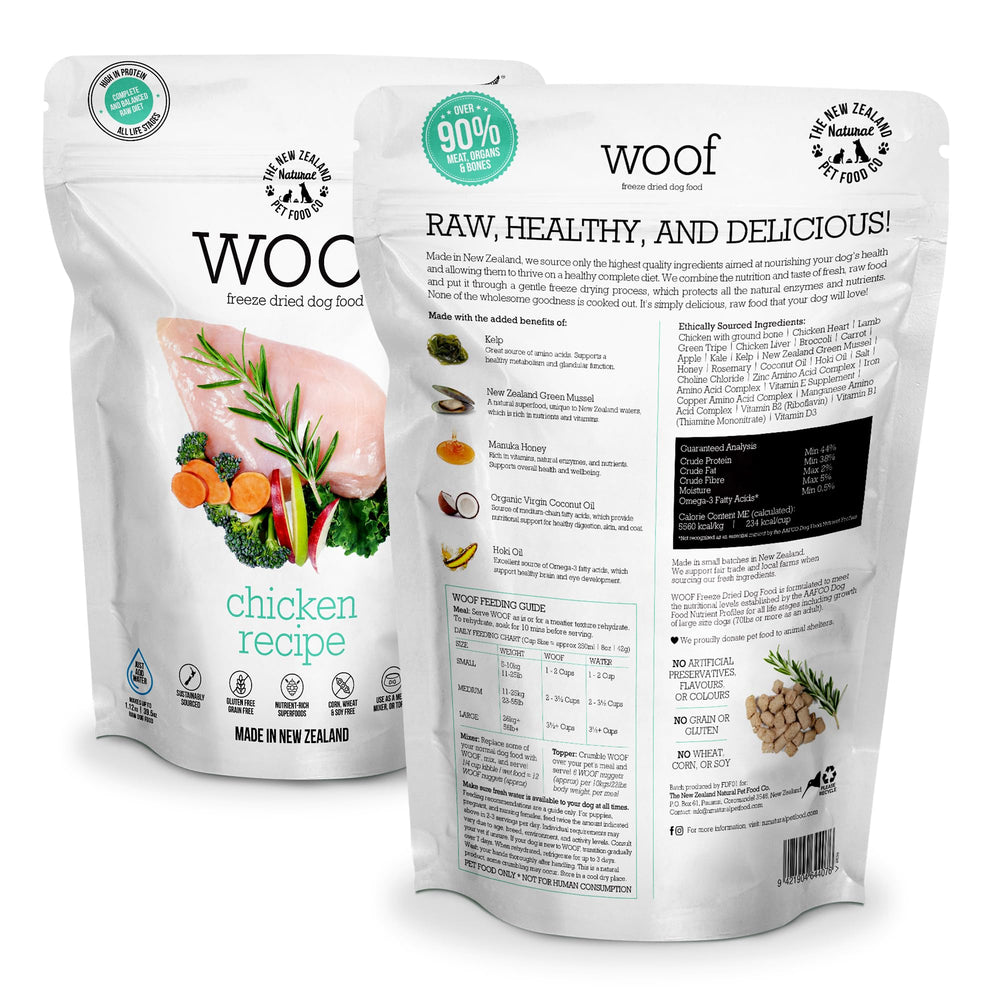 Trozos deshidratados de pollo WOOF, crujientes y premio sabroso