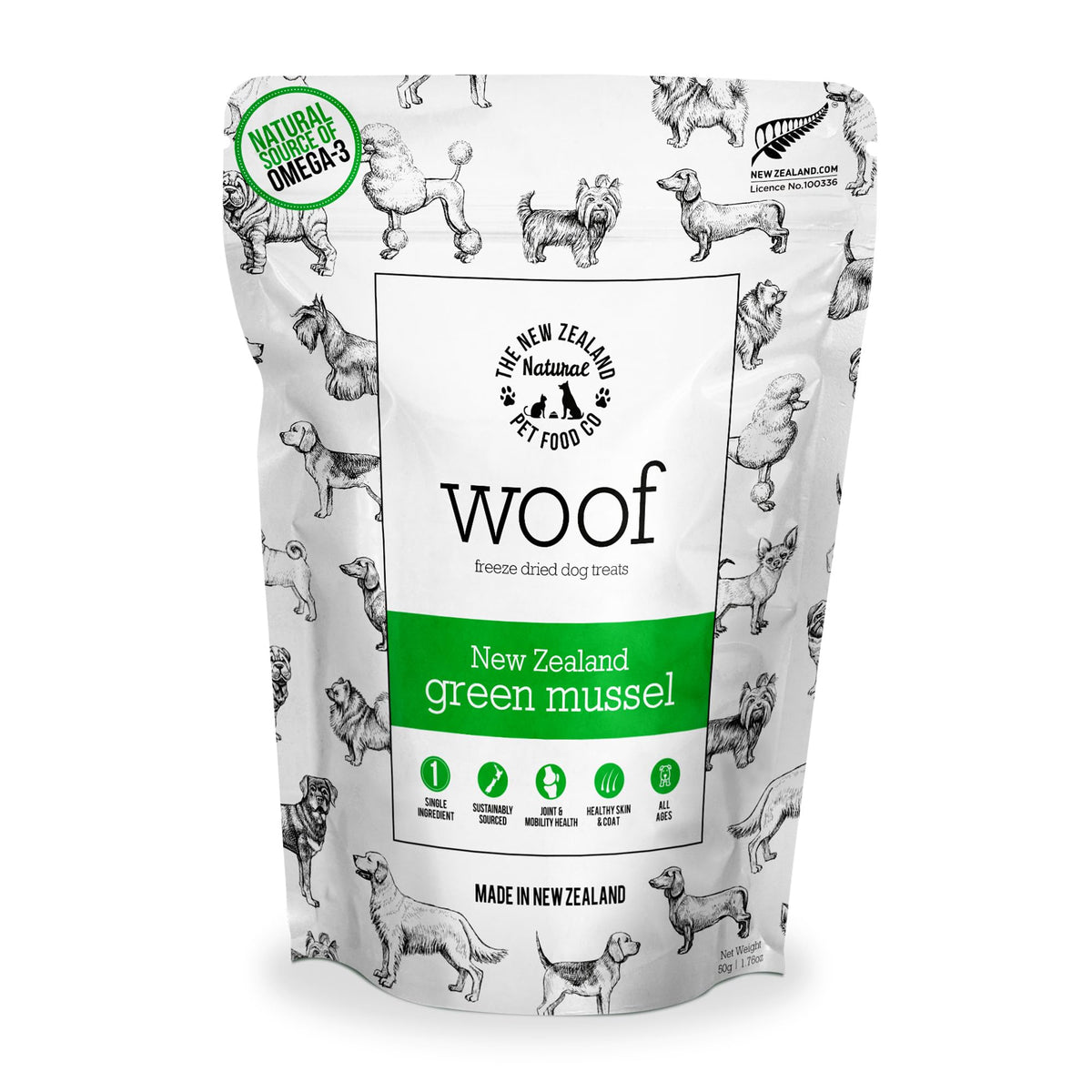 The New Zealand Natural Pet Food Co. WOOF emballage prêt à offrir une friandise