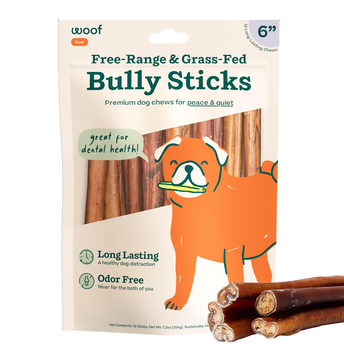 Palitos de res WOOF de larga duración en empaque, ideal para masticar y mantener ocupado al perro