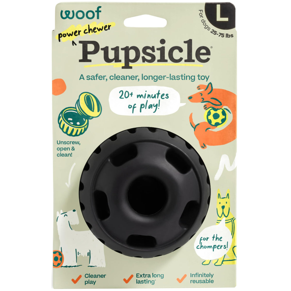 Power Chewer Pupsicle de WOOF, durabilidad de goma resistente para mordidas prolongadas.