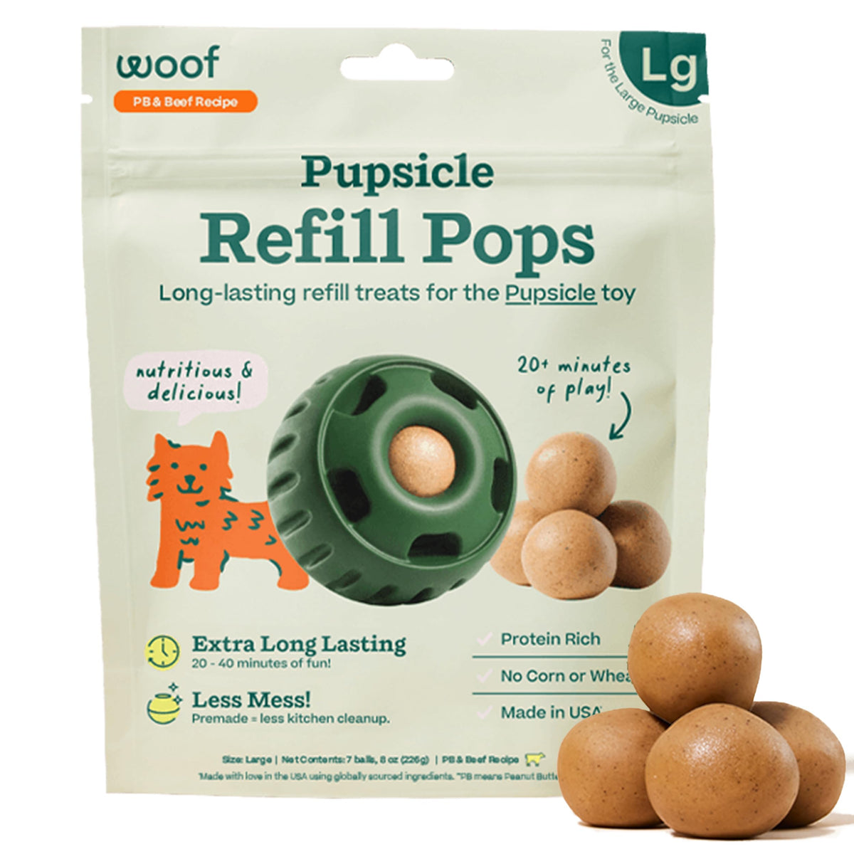 WOOF Pupsicle relleno de maní: snack sabroso y duración prolongada para perros.
