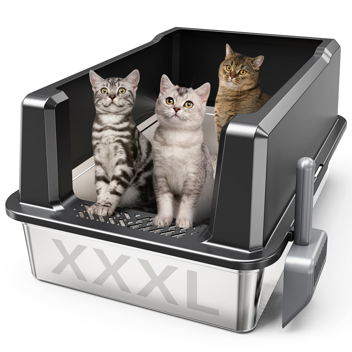 WoofiGo XXL caja de arena en acero inoxidable amplia para gatos grandes.