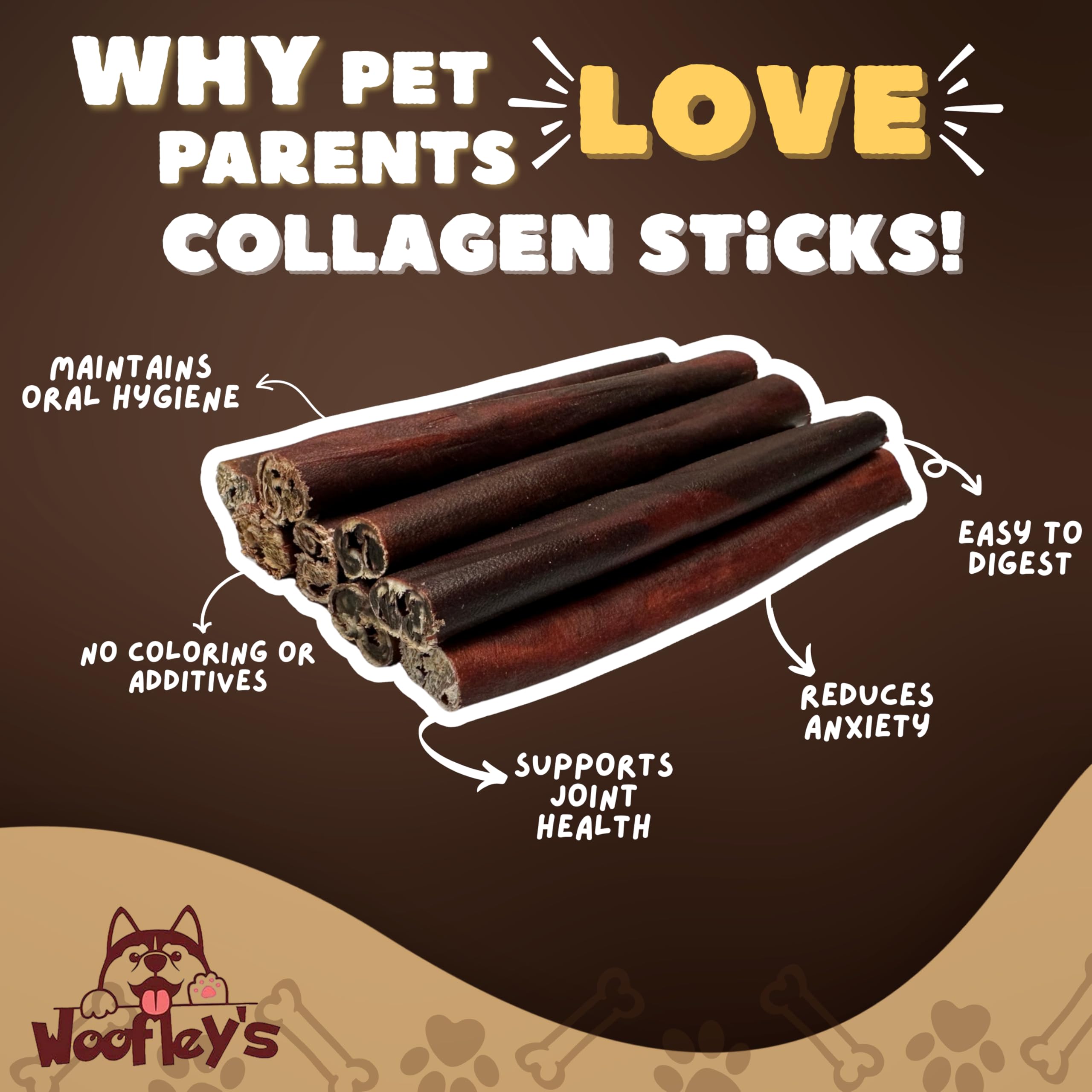 Woofley's palitos de colágeno para perros medianos y grandes, ideales para sesiones de juego.