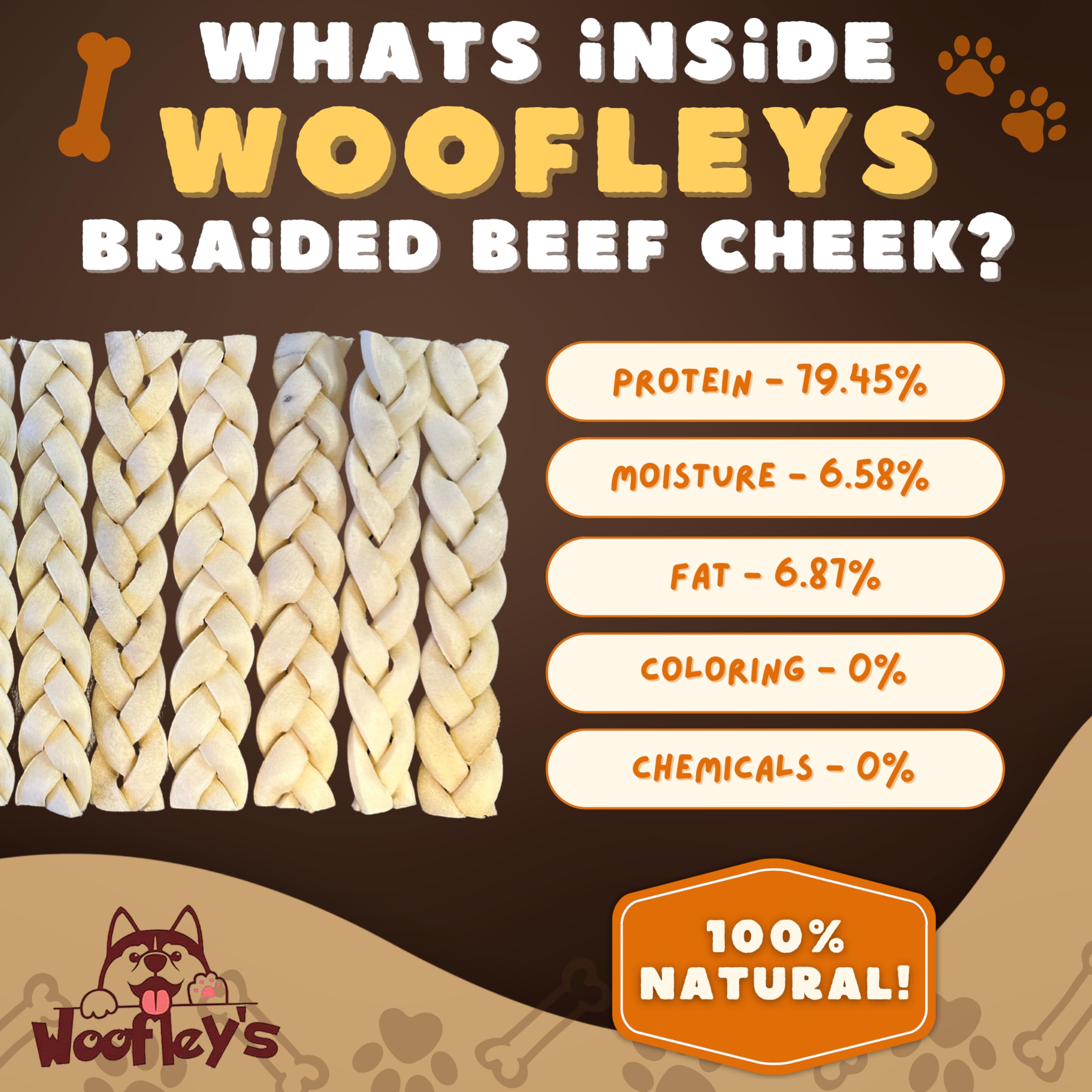 Trenzas de mejilla de búfalo Woofley's, snack duradero para perros activos.