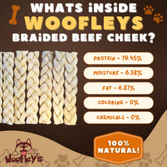 Trenzas de mejilla de búfalo Woofley's, snack duradero para perros activos.