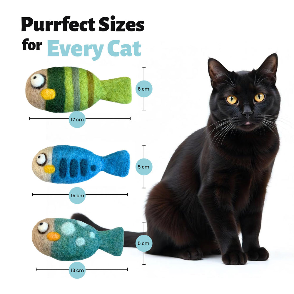 Juguetes Woolbuddy ecológicos, pez de fieltro, regalo responsable para gatos.