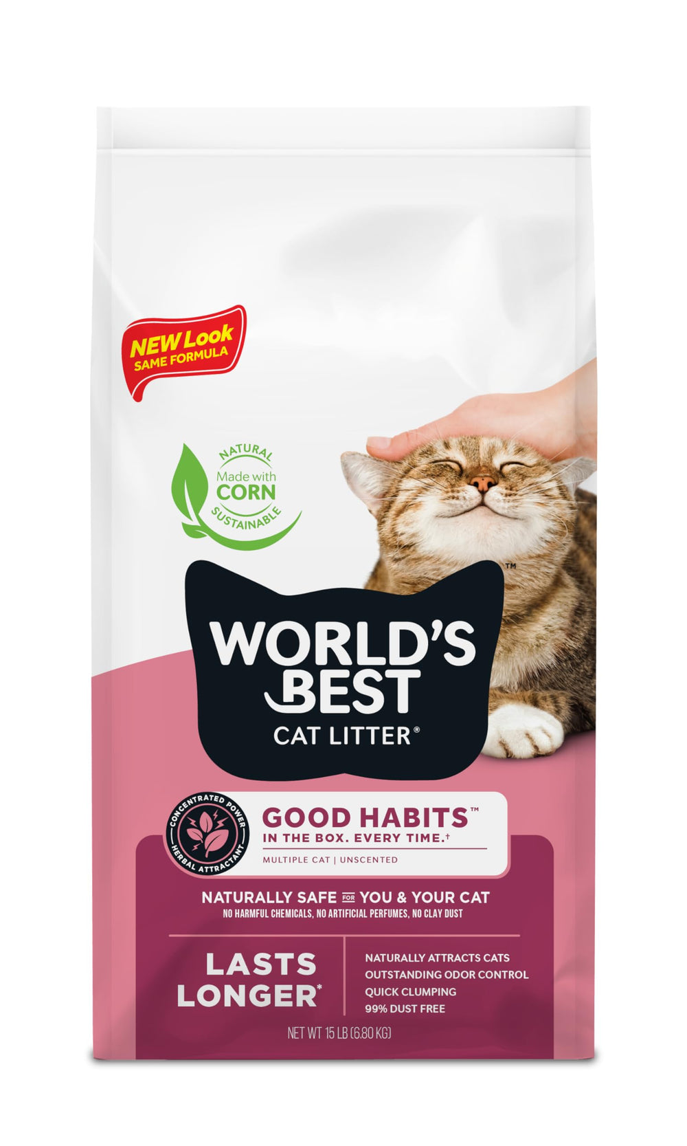 World's Best Cat Litter muestra equilibrio al verter la botella, vertido limpio y ordenado