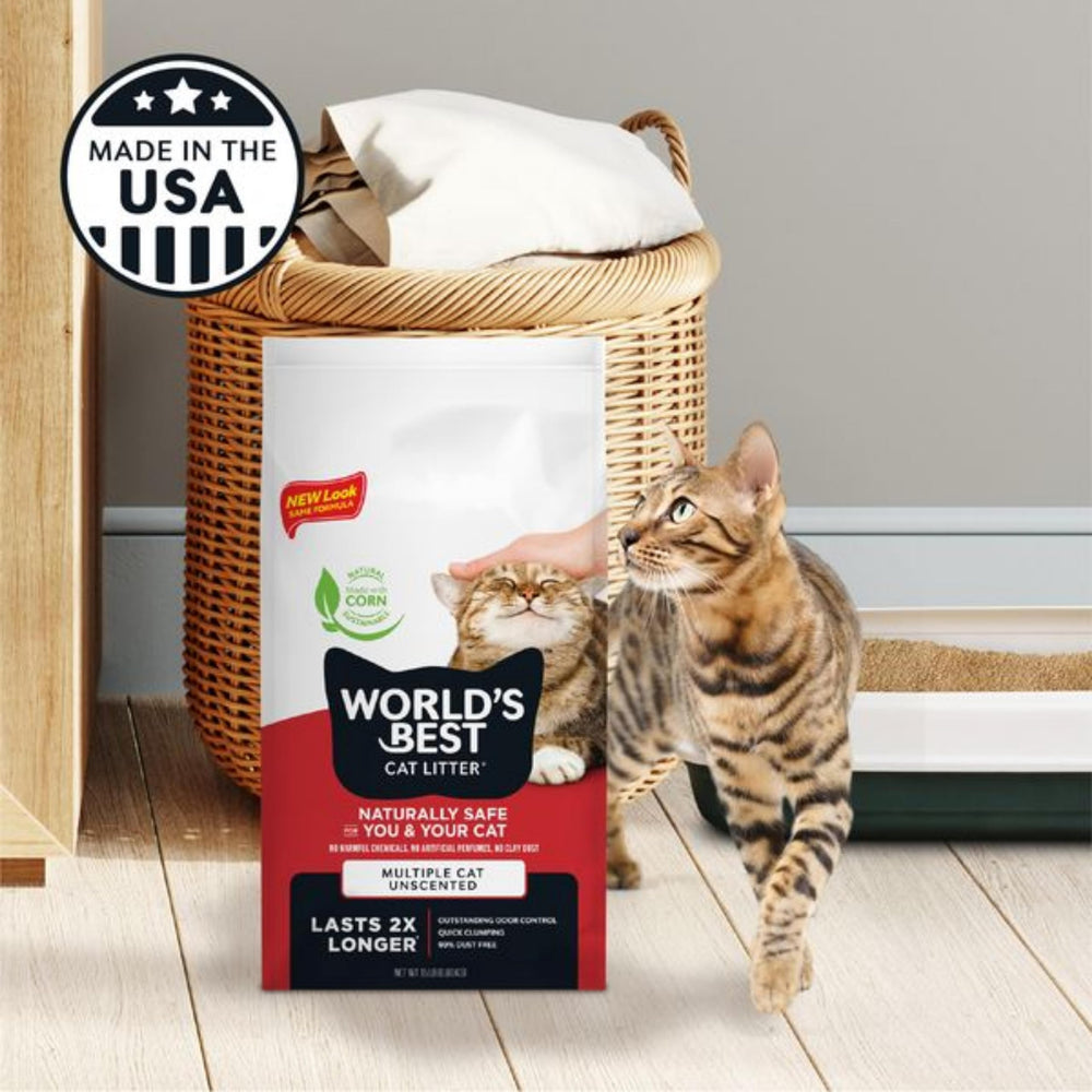 World's Best Cat Litter hecho en EE. UU. con maíz natural.