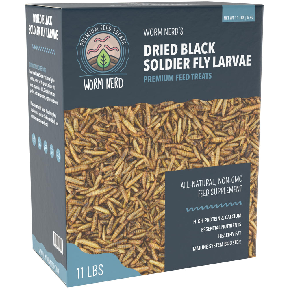 Worm Nerd WN64, larvas mosca soldado negra secas, alto contenido proteico para aves.