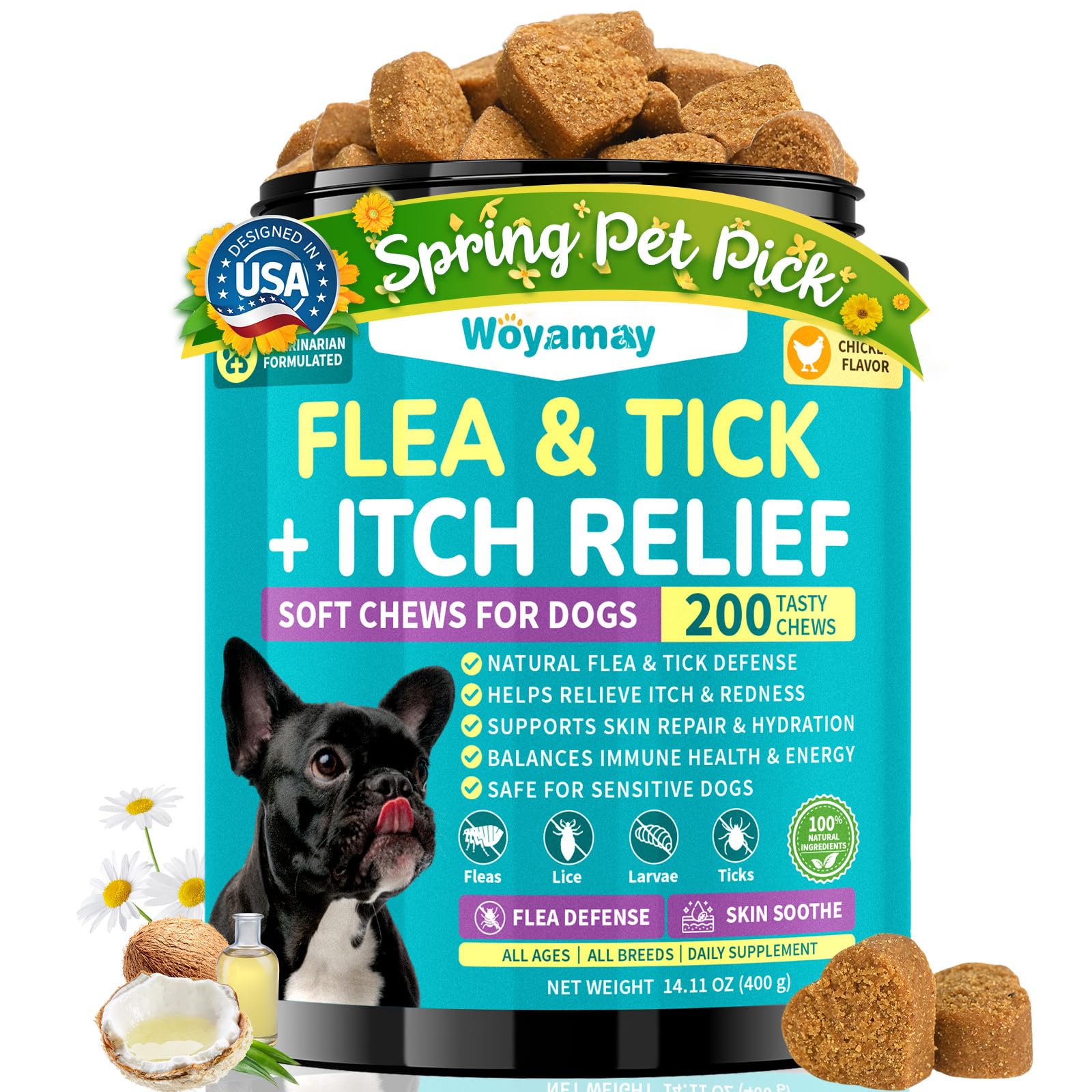 Woyamay masticables para perros, vista del bote, protección diaria contra pulgas.