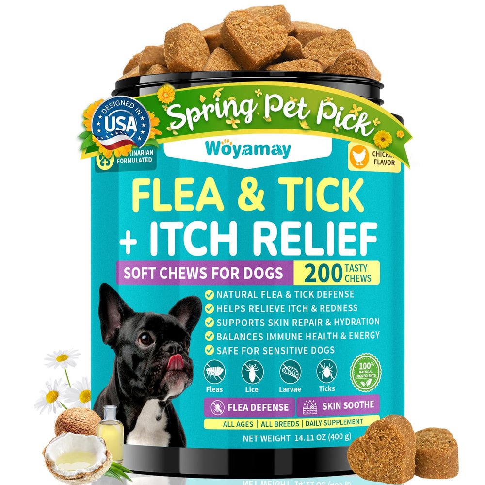 Woyamay masticables para perros, vista del bote, protección diaria contra pulgas.
