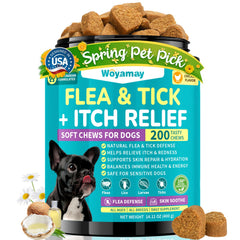 Woyamay masticables para perros, vista del bote, protección diaria contra pulgas.