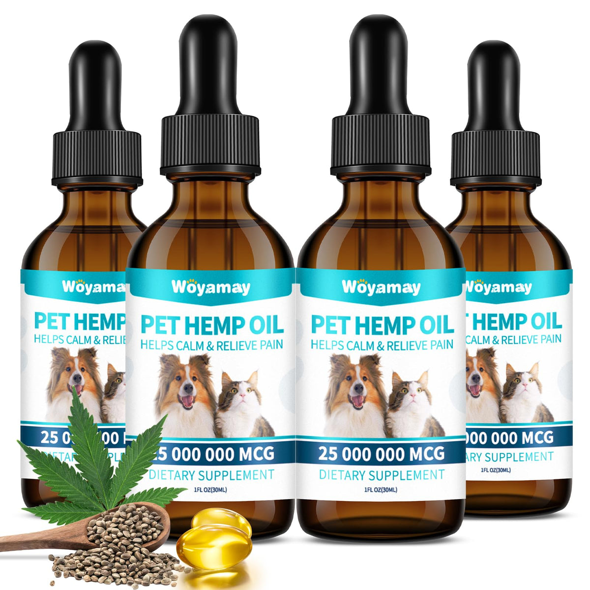 Woyamay Camling Oil: botella de gotero para perros y gatos, apoyo calmante diario.