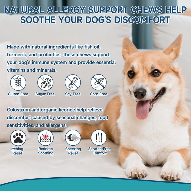 Woyamay Dog Allergy Chews: sin granos ni soja para piel sensible.
