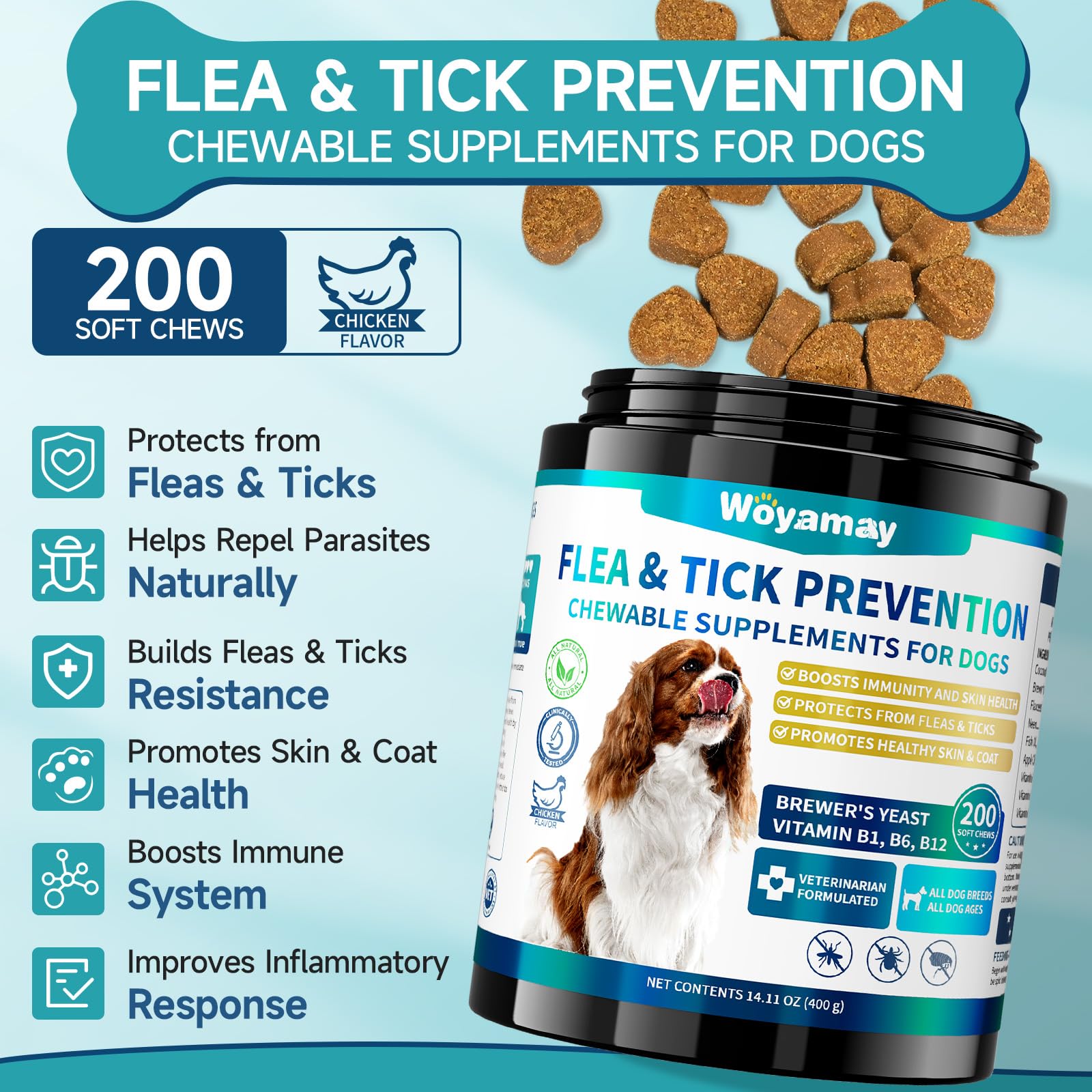 Dosis diaria de Woyamay para perros con masticables naturales.
