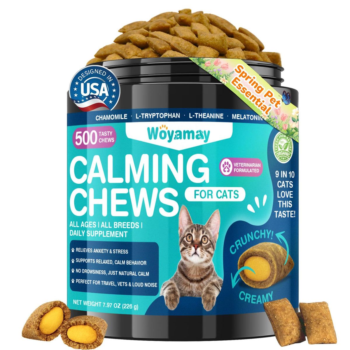 Golosinas calmantes Woyamay para gatos en botella, promoviendo bienestar diario.
