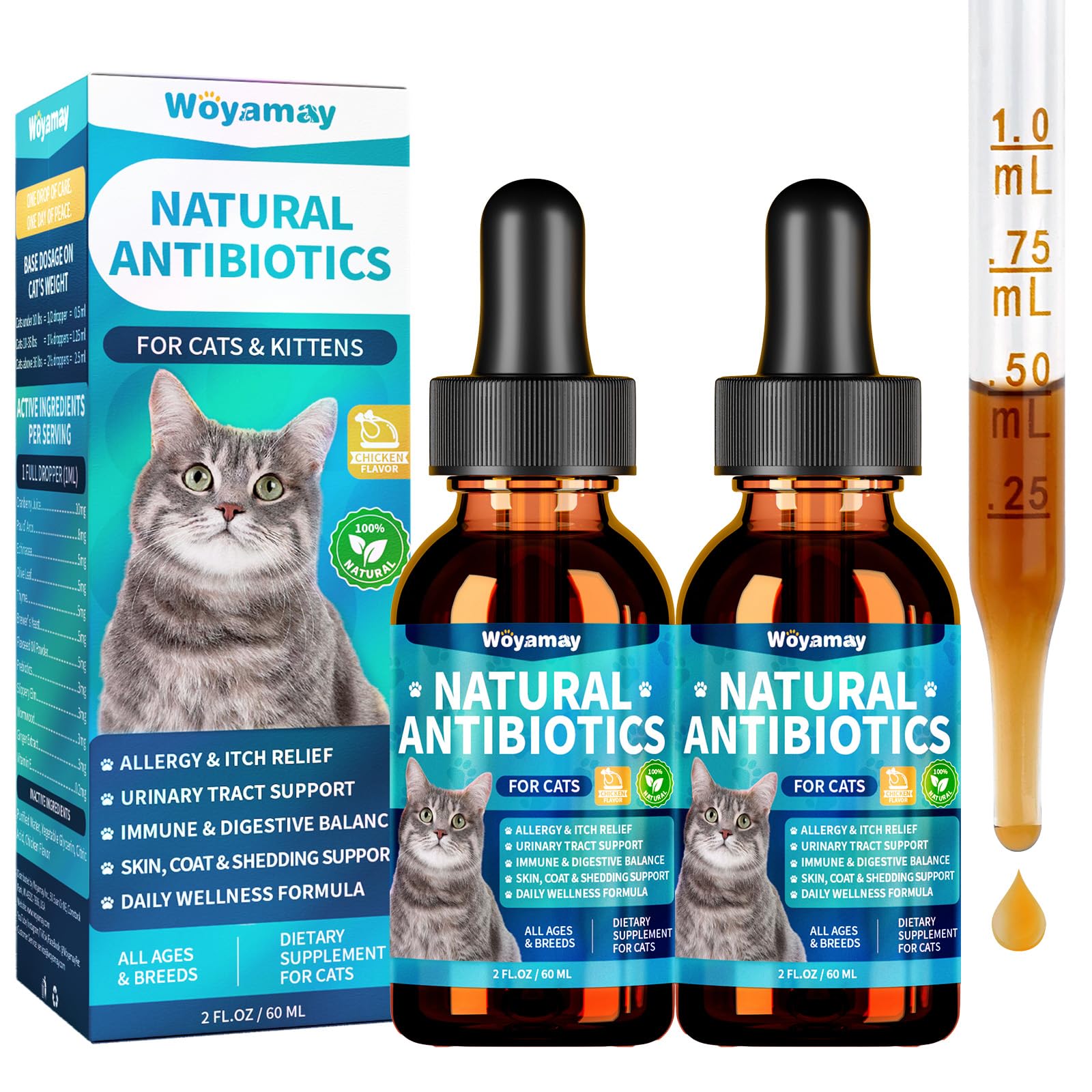 Gotas antibióticas para gatos de Woyamay con sabor a pollo.