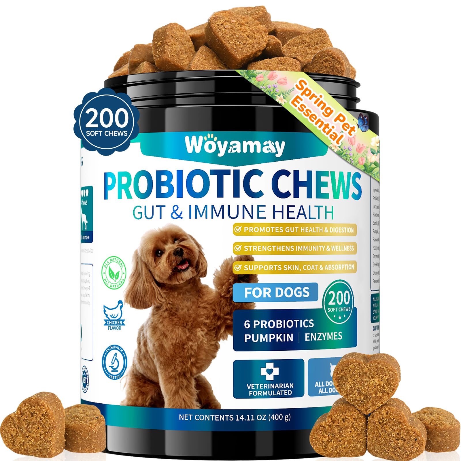 Woyamay probiótico para perros en caja, soporte digestivo suave y fácil de usar.